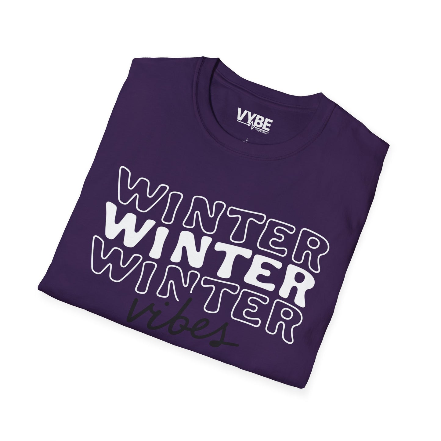 Folded purple t-shirt with 'Winter Vibes' text on a white background