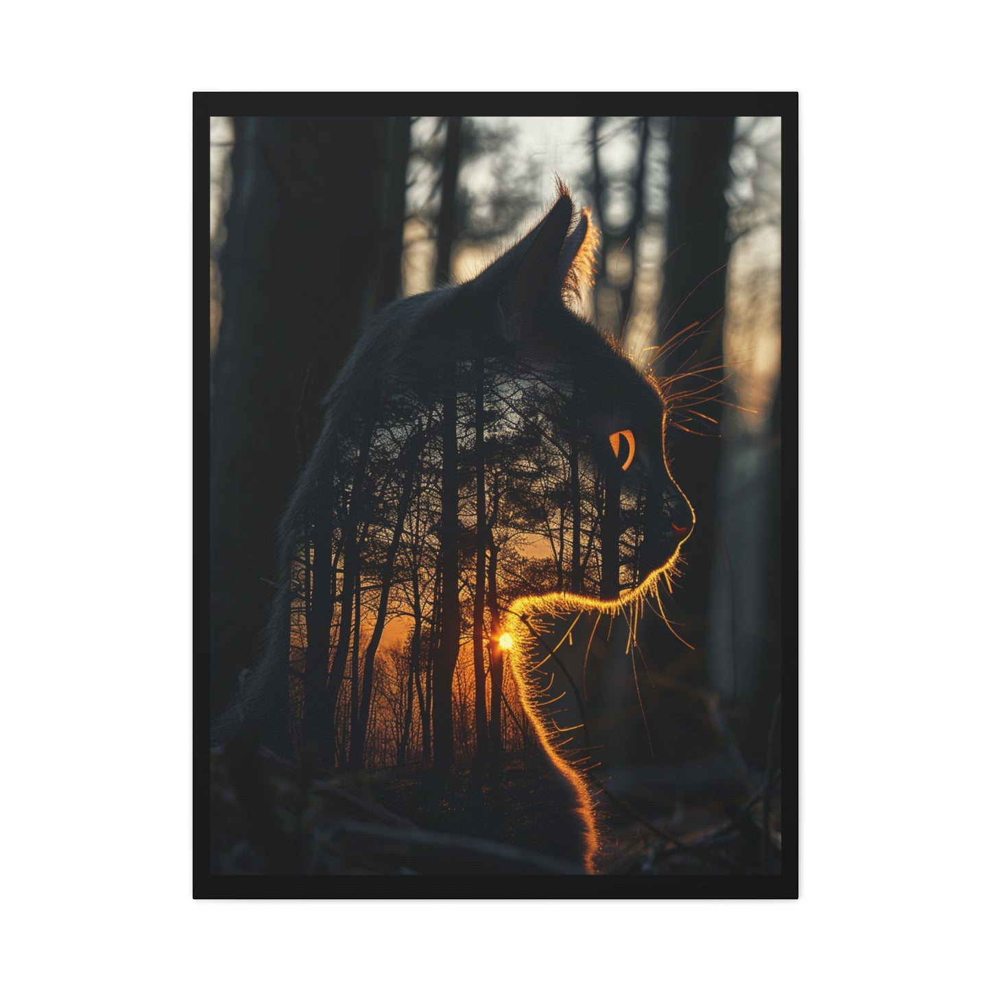 Cat Silhouette Wall Art - Forest Sunset Canvas Decor, Animal Lover Gift, Home Decoration, Nature Inspired Art, Cat Aesthetic - VYBE Shop