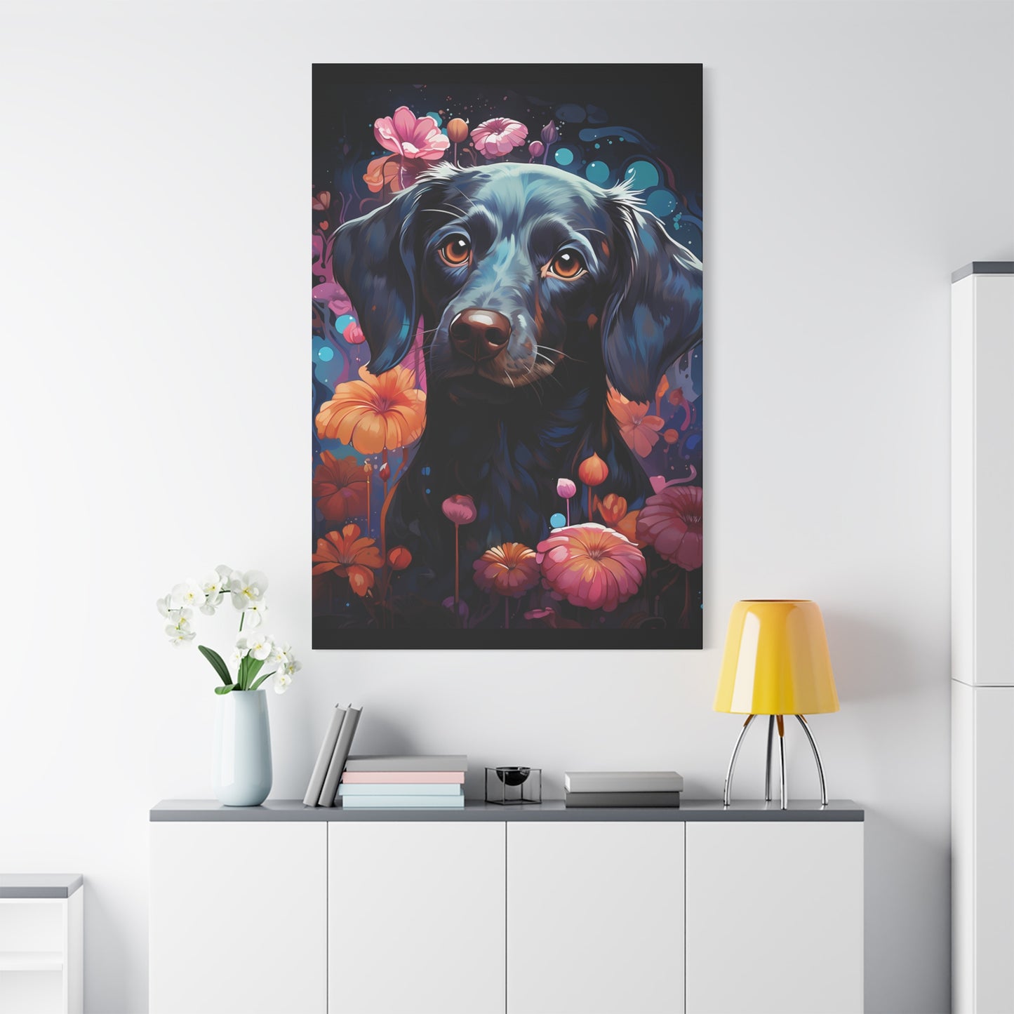 Beautiful Black Dog Canvas Print - Floral Dog Art Decor - VYBE Shop