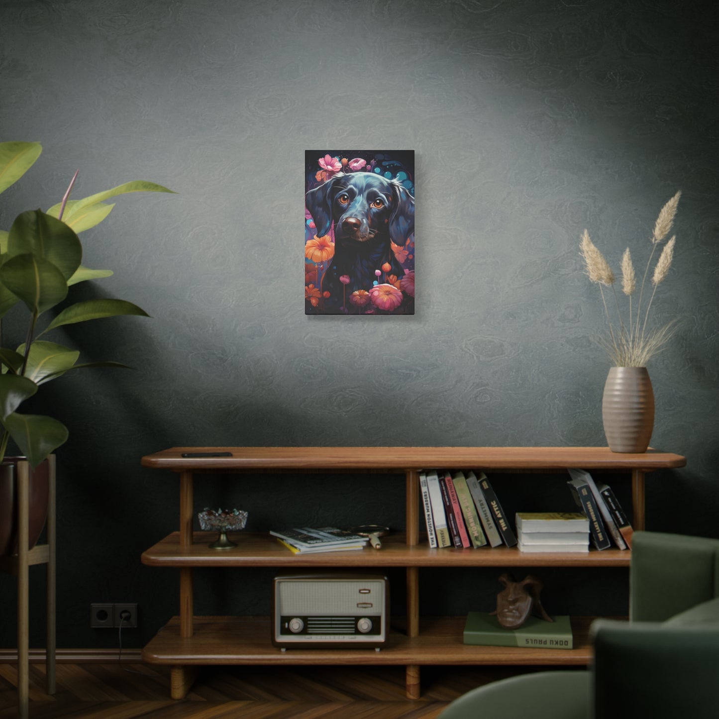 Beautiful Black Dog Canvas Print - Floral Dog Art Decor - VYBE Shop