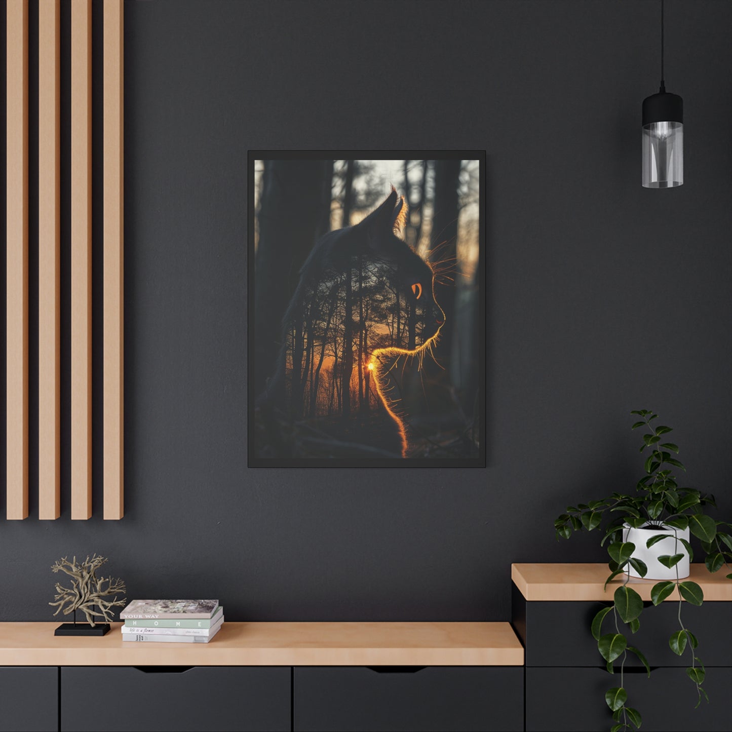 Cat Silhouette Wall Art - Forest Sunset Canvas Decor, Animal Lover Gift, Home Decoration, Nature Inspired Art, Cat Aesthetic - VYBE Shop