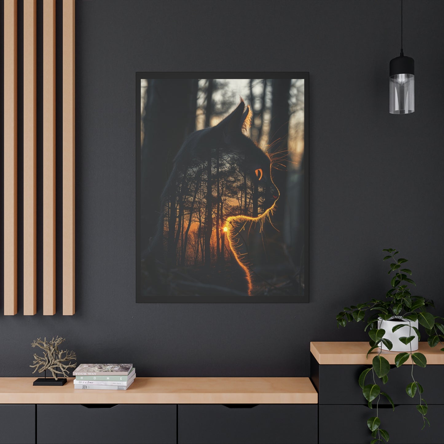 Cat Silhouette Wall Art - Forest Sunset Canvas Decor, Animal Lover Gift, Home Decoration, Nature Inspired Art, Cat Aesthetic - VYBE Shop