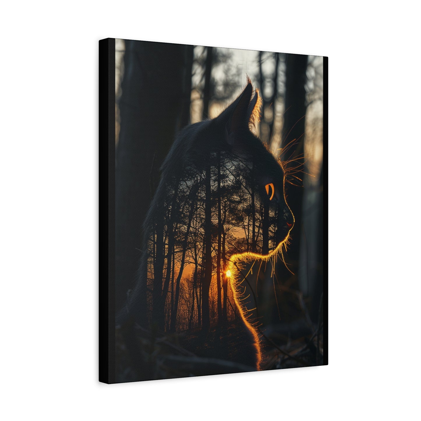 Cat Silhouette Wall Art - Forest Sunset Canvas Decor, Animal Lover Gift, Home Decoration, Nature Inspired Art, Cat Aesthetic - VYBE Shop