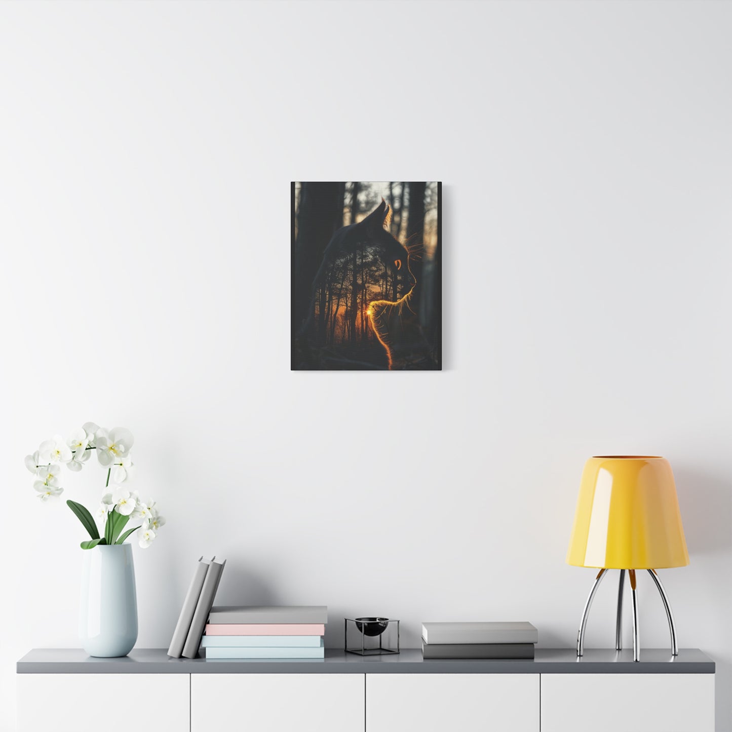 Cat Silhouette Wall Art - Forest Sunset Canvas Decor, Animal Lover Gift, Home Decoration, Nature Inspired Art, Cat Aesthetic - VYBE Shop