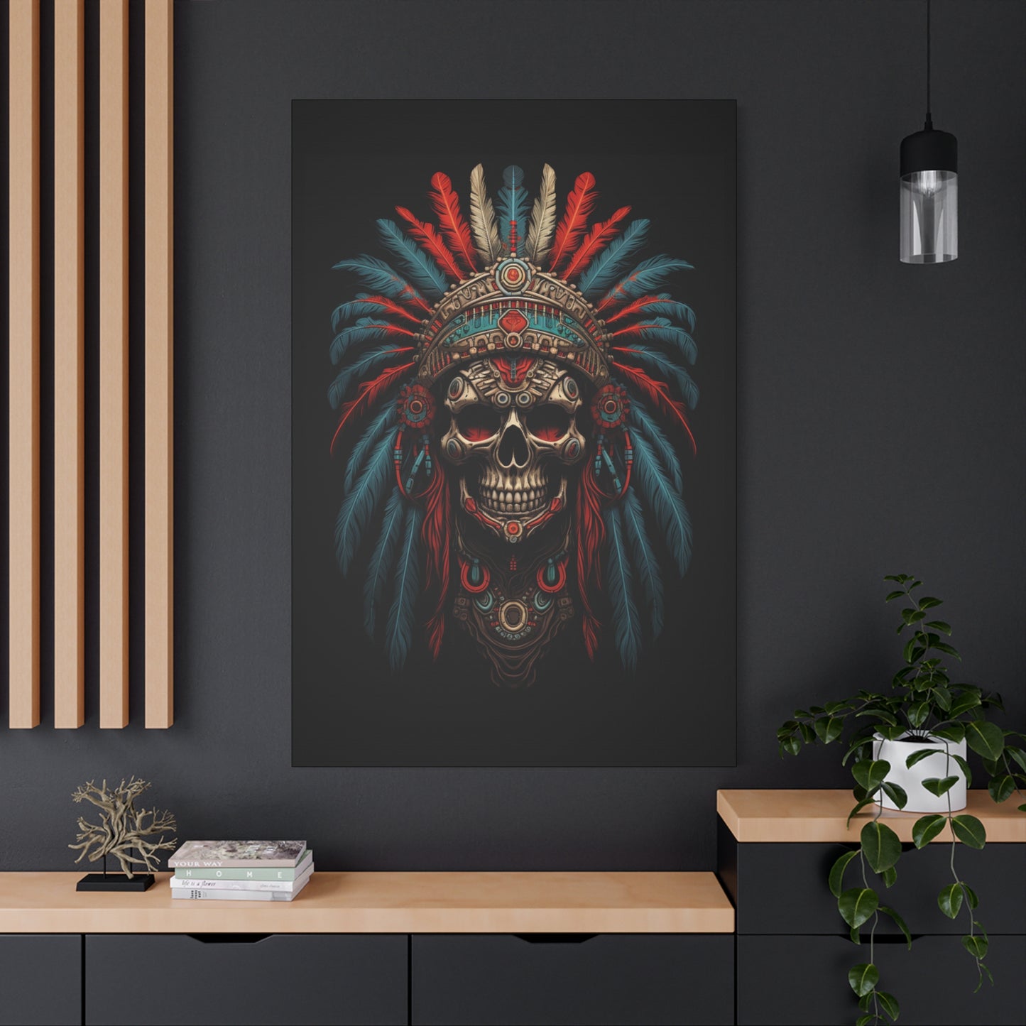 Skull Warrior Canvas Art Print, Stretched Artwork for Home Decor, Tribal Wall Art, Unique Gift, Boho Aesthetic - VYBE Shop