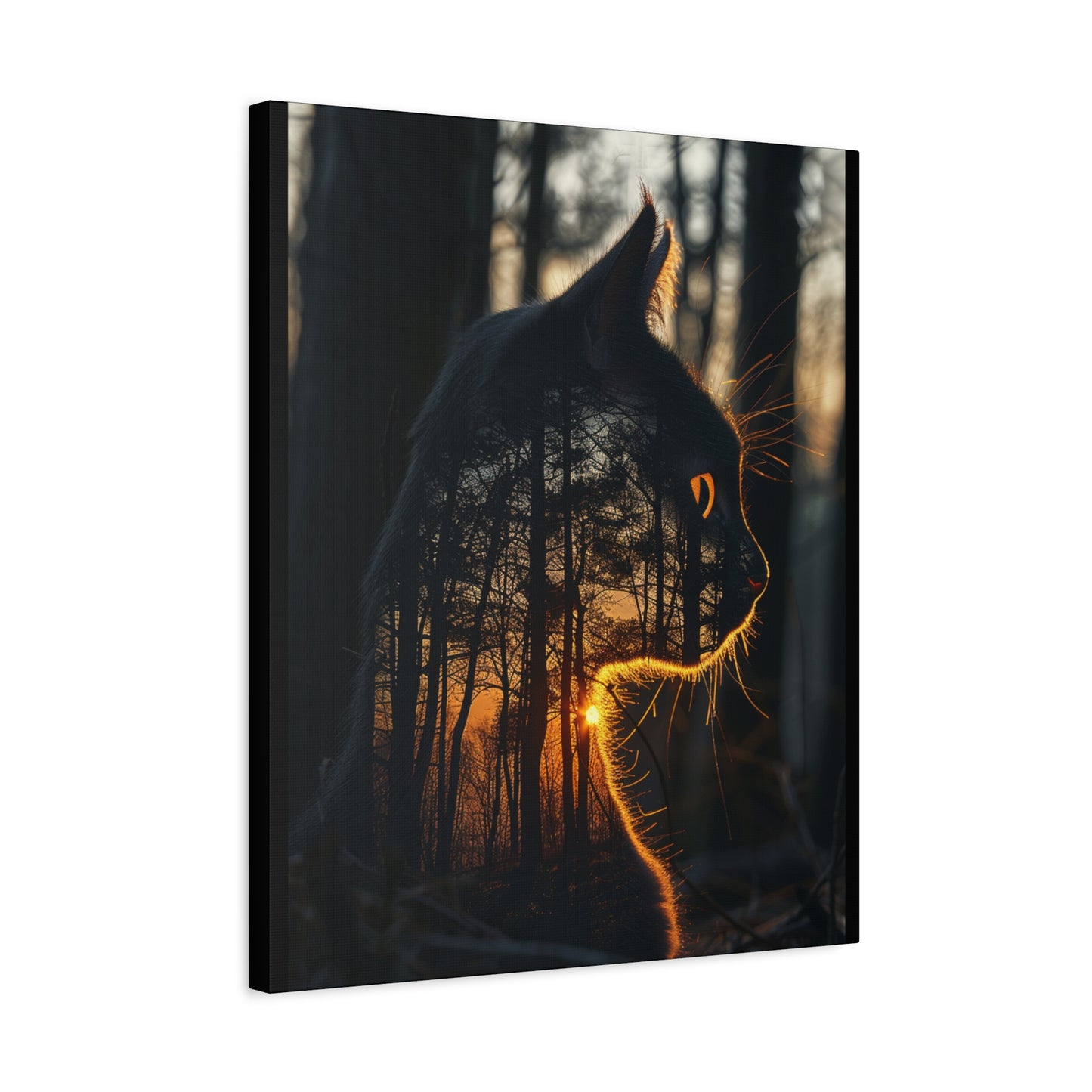 Cat Silhouette Wall Art - Forest Sunset Canvas Decor, Animal Lover Gift, Home Decoration, Nature Inspired Art, Cat Aesthetic - VYBE Shop