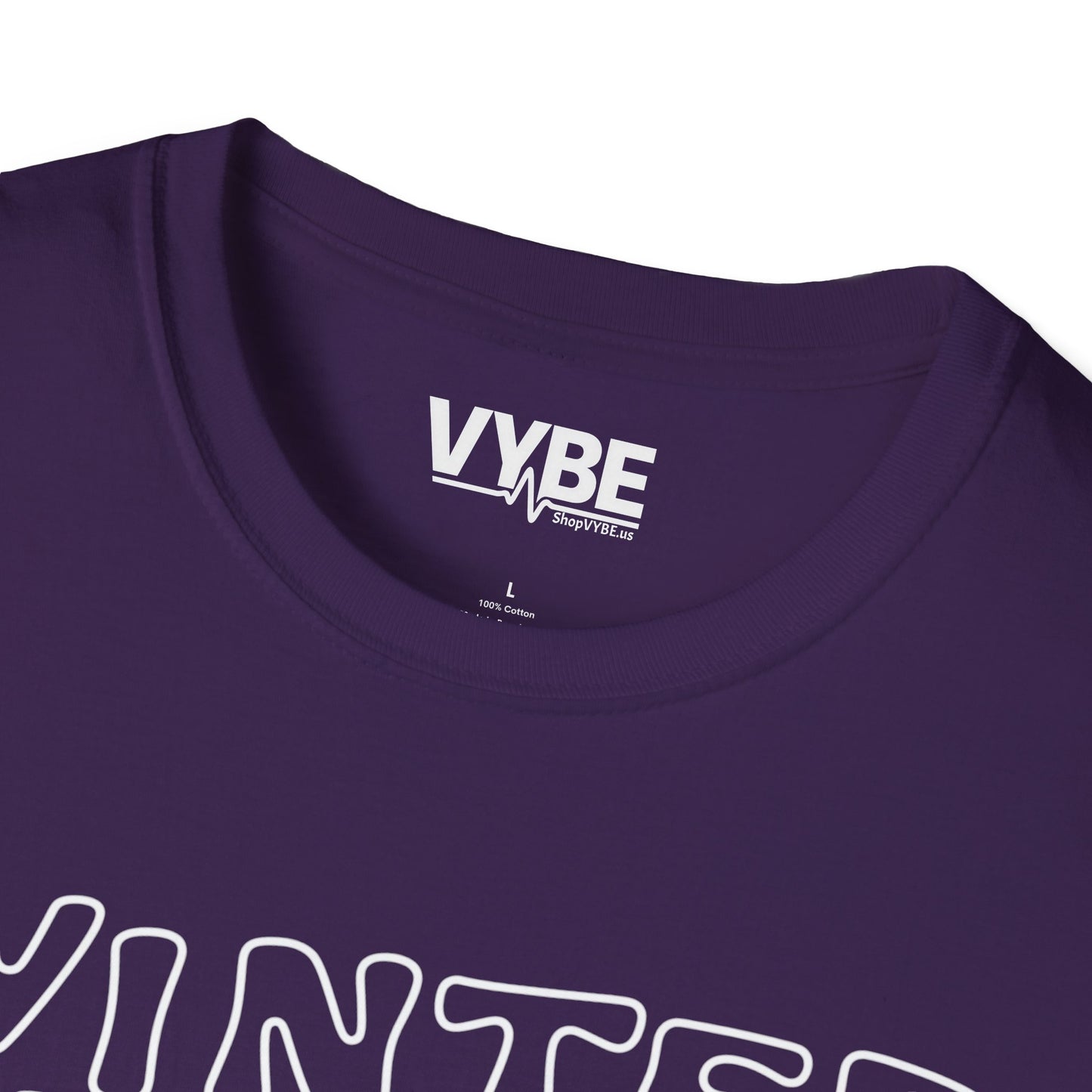 Close-up of a purple t-shirt with 'VYBE' logo on the collar.