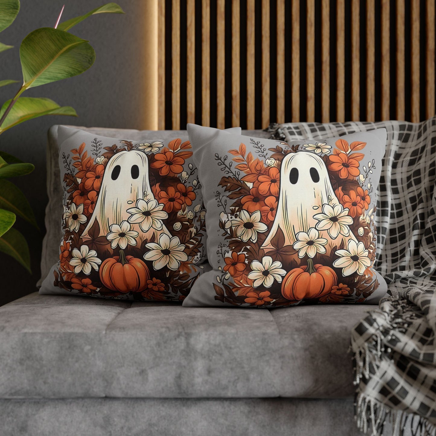 Fall Ghost Pillowcase for Halloween Home Decor, Cozy Pumpkin Floral Accent, Spooky Autumn Vibes - VYBE Shop