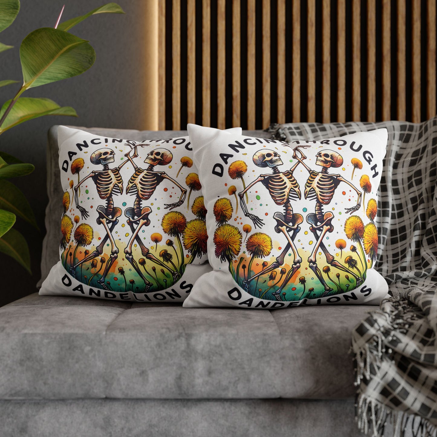 Dancing Through Dandelions Pillowcase - Decorative Accent for Cozy Home Decor, Perfect Gift for Halloween & Skeleton Lovers - VYBE Shop