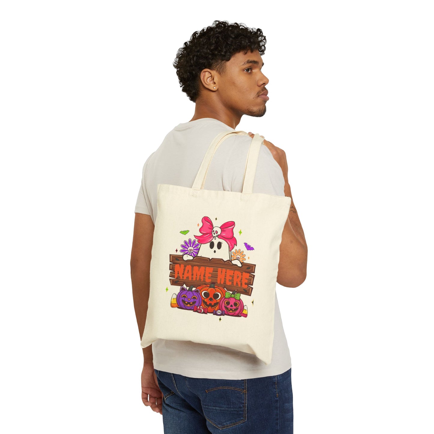 Cute Customizable Halloween Tote Bag, Spooky Canvas Bag, Personalized Trick or Treat Bag, Eco-Friendly - VYBE Shop