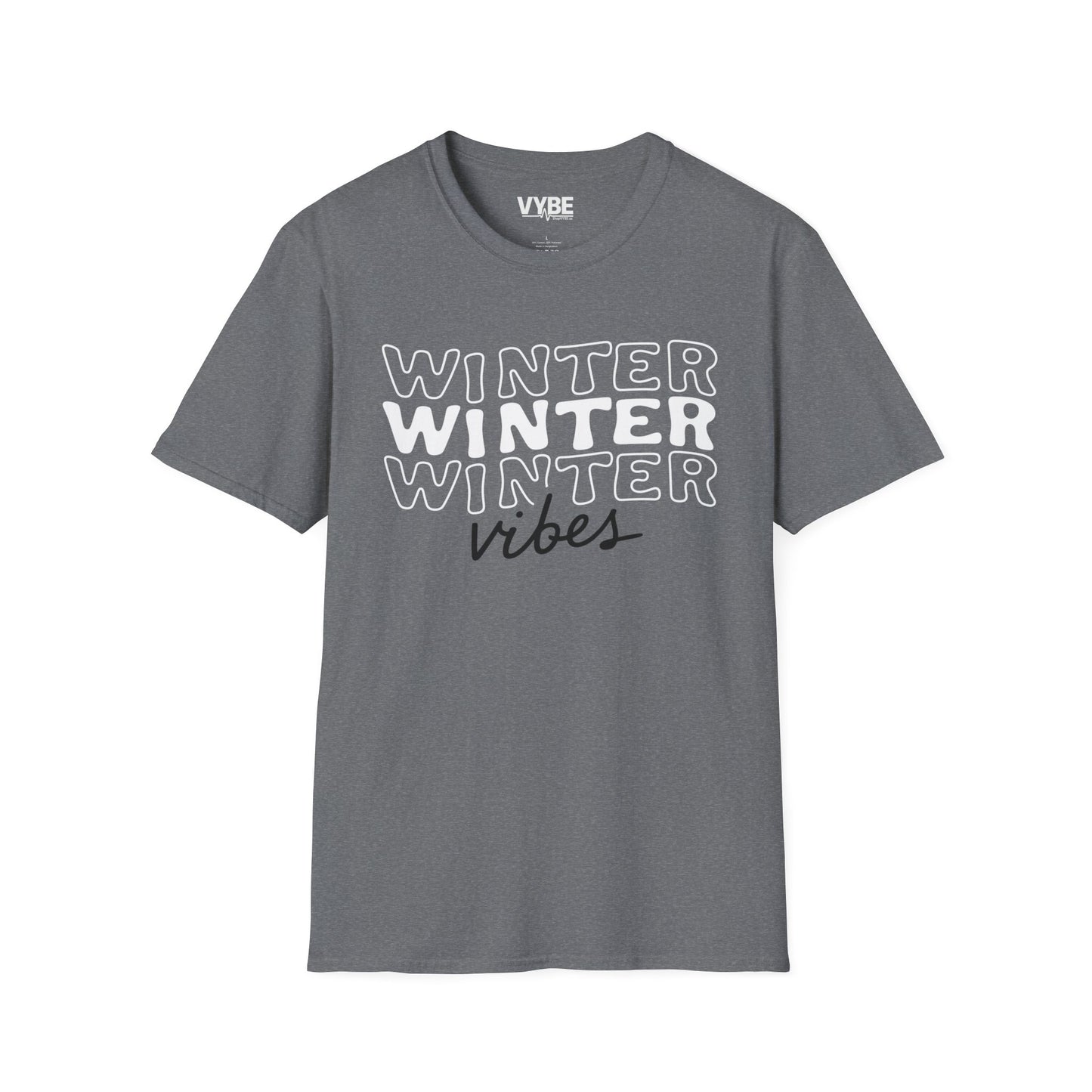 Gray t-shirt with 'Winter Vibes' text on a white background