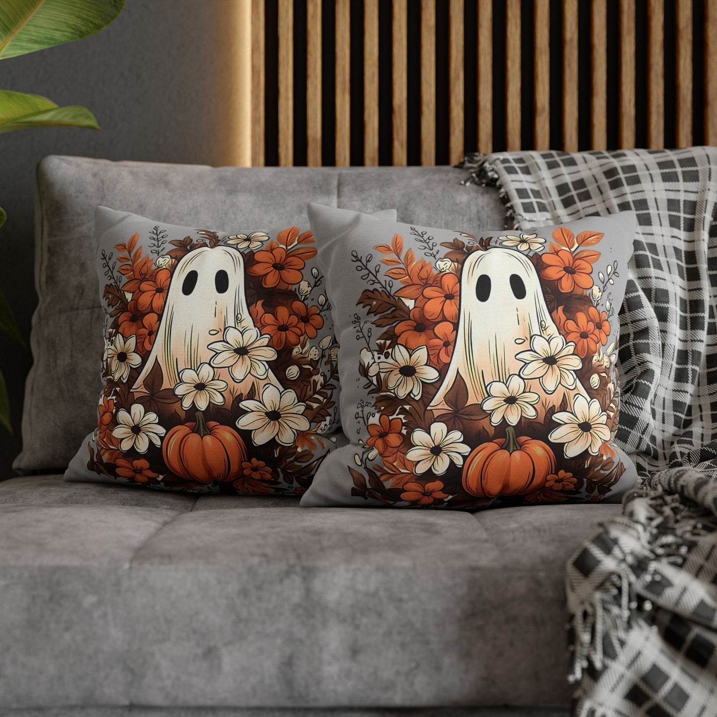 Fall Ghost Pillowcase for Halloween Home Decor, Cozy Pumpkin Floral Accent, Spooky Autumn Vibes - VYBE Shop