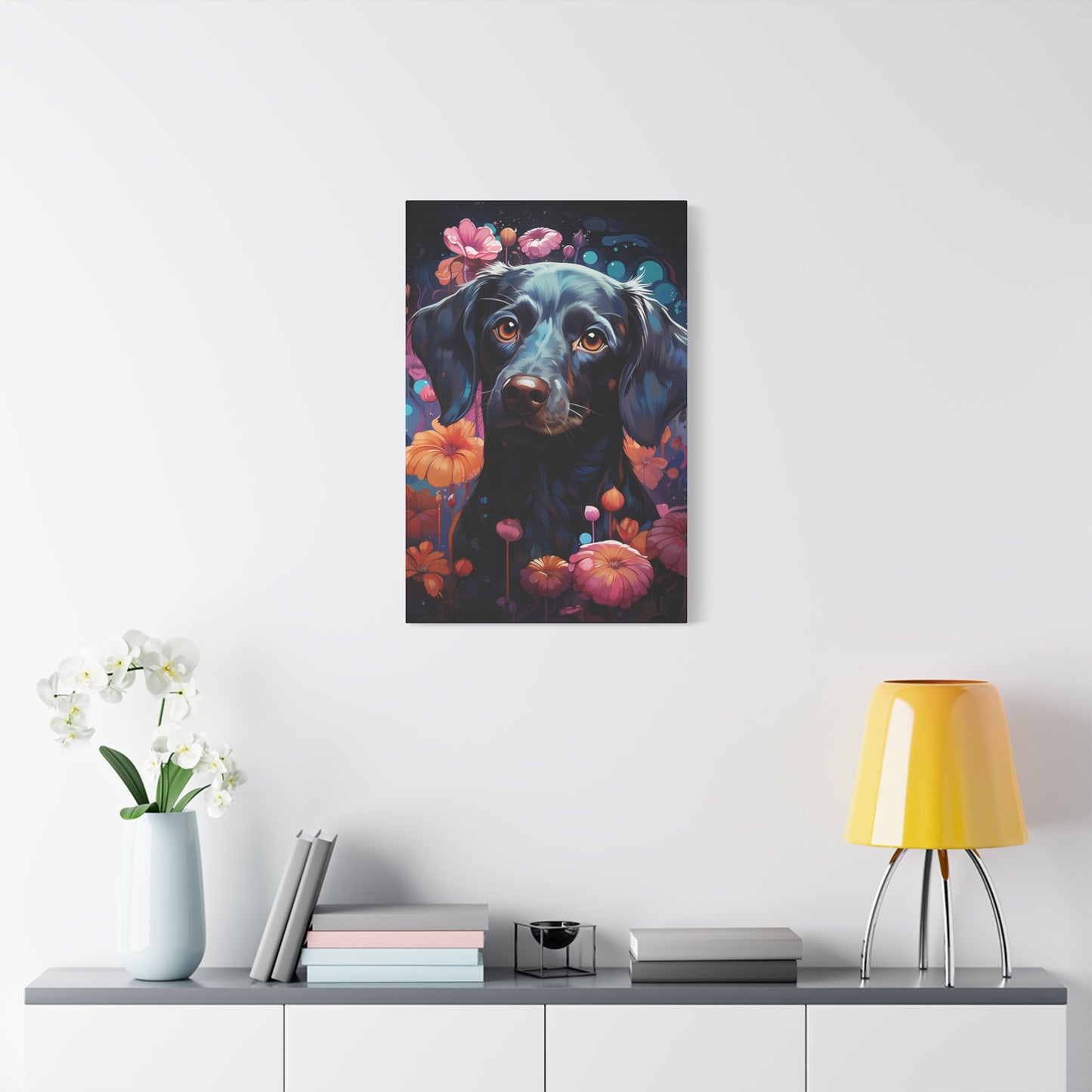 Beautiful Black Dog Canvas Print - Floral Dog Art Decor - VYBE Shop