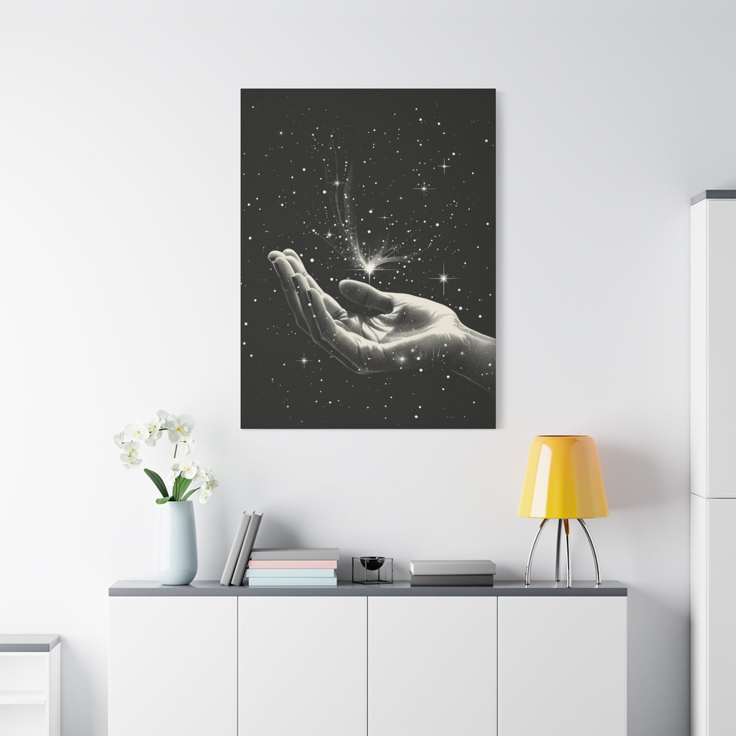 Stretched Canvas Wall Art, Celestial Hand Design, Spiritual Home Decor, Modern Art for Living Room, Gift for Space Lovers - VYBE Shop