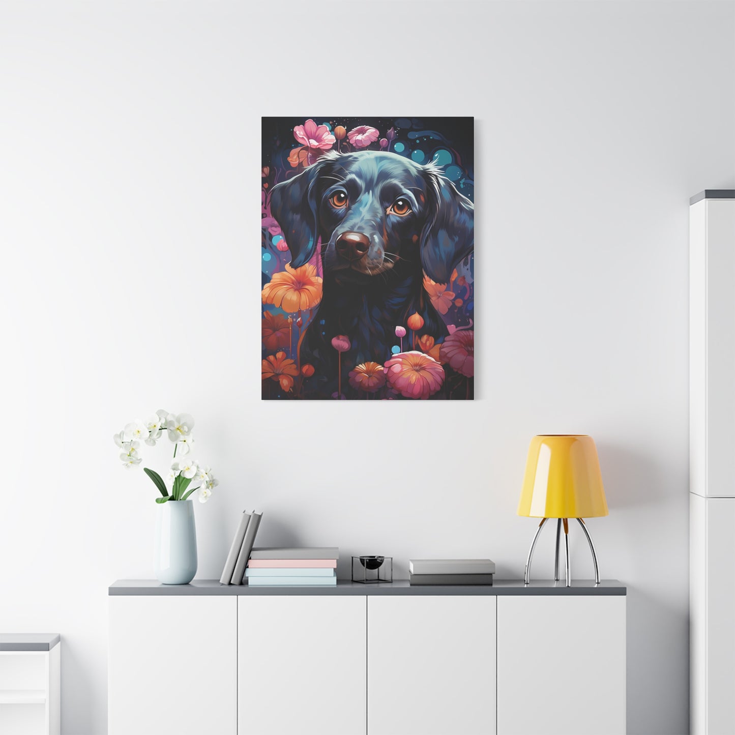 Beautiful Black Dog Canvas Print - Floral Dog Art Decor - VYBE Shop