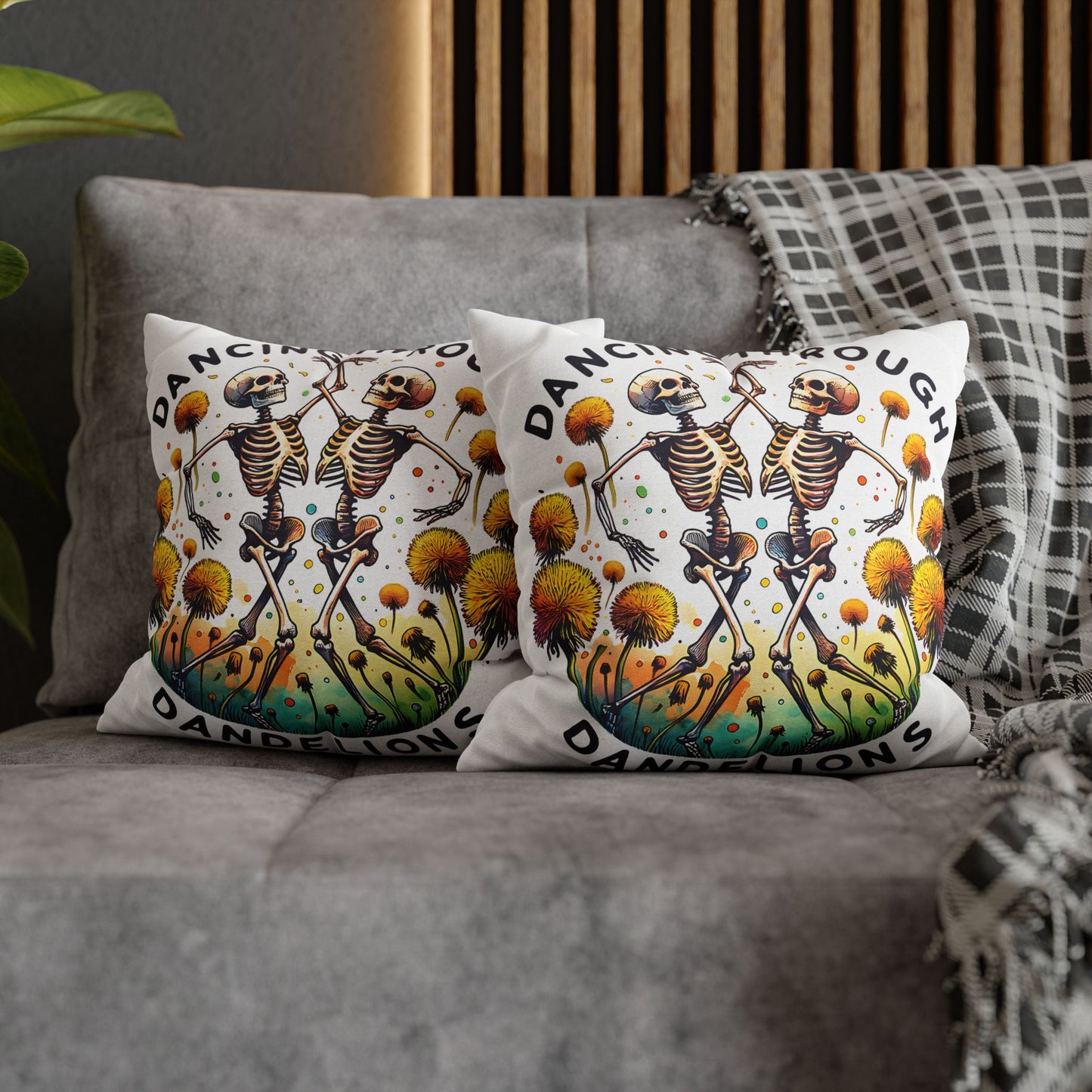 Dancing Through Dandelions Pillowcase - Decorative Accent for Cozy Home Decor, Perfect Gift for Halloween & Skeleton Lovers - VYBE Shop