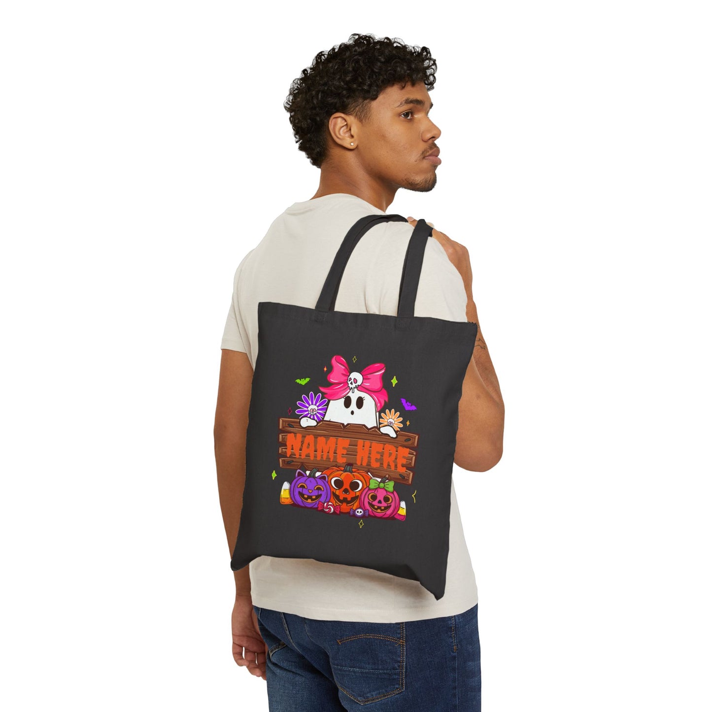 Cute Customizable Halloween Tote Bag, Spooky Canvas Bag, Personalized Trick or Treat Bag, Eco-Friendly - VYBE Shop