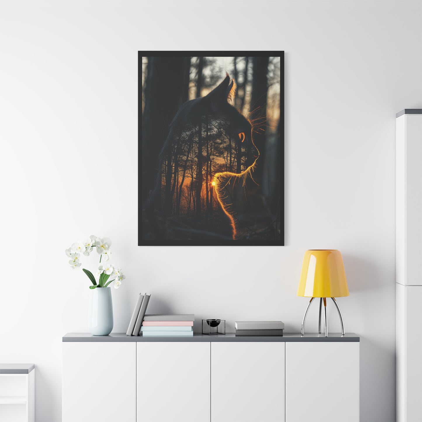 Cat Silhouette Wall Art - Forest Sunset Canvas Decor, Animal Lover Gift, Home Decoration, Nature Inspired Art, Cat Aesthetic - VYBE Shop
