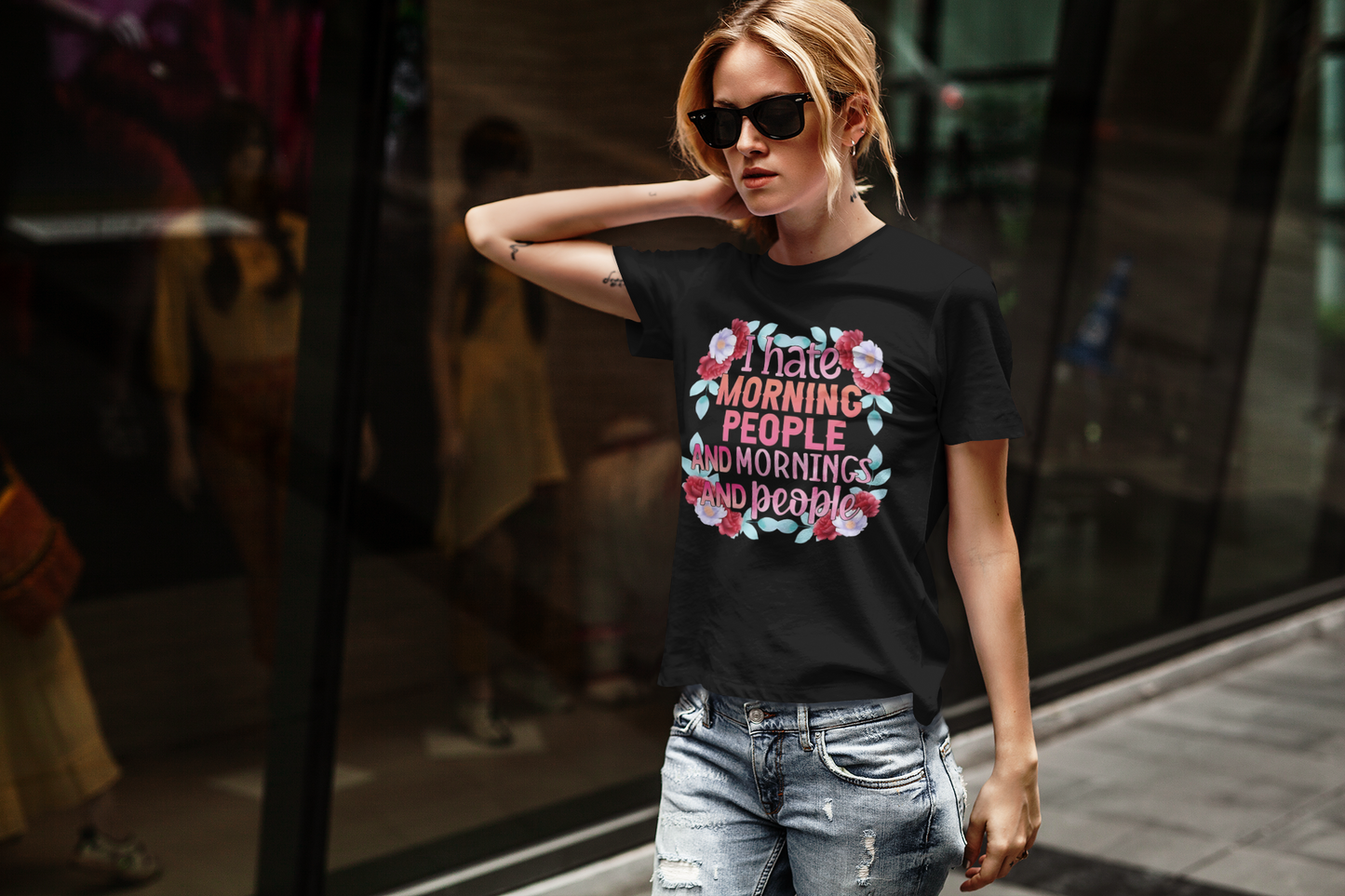 Funny- Floral Quote T-Shirt with 'I Hate Morning People' Design, Casual Wear, Humor Apparel - VYBE Shop