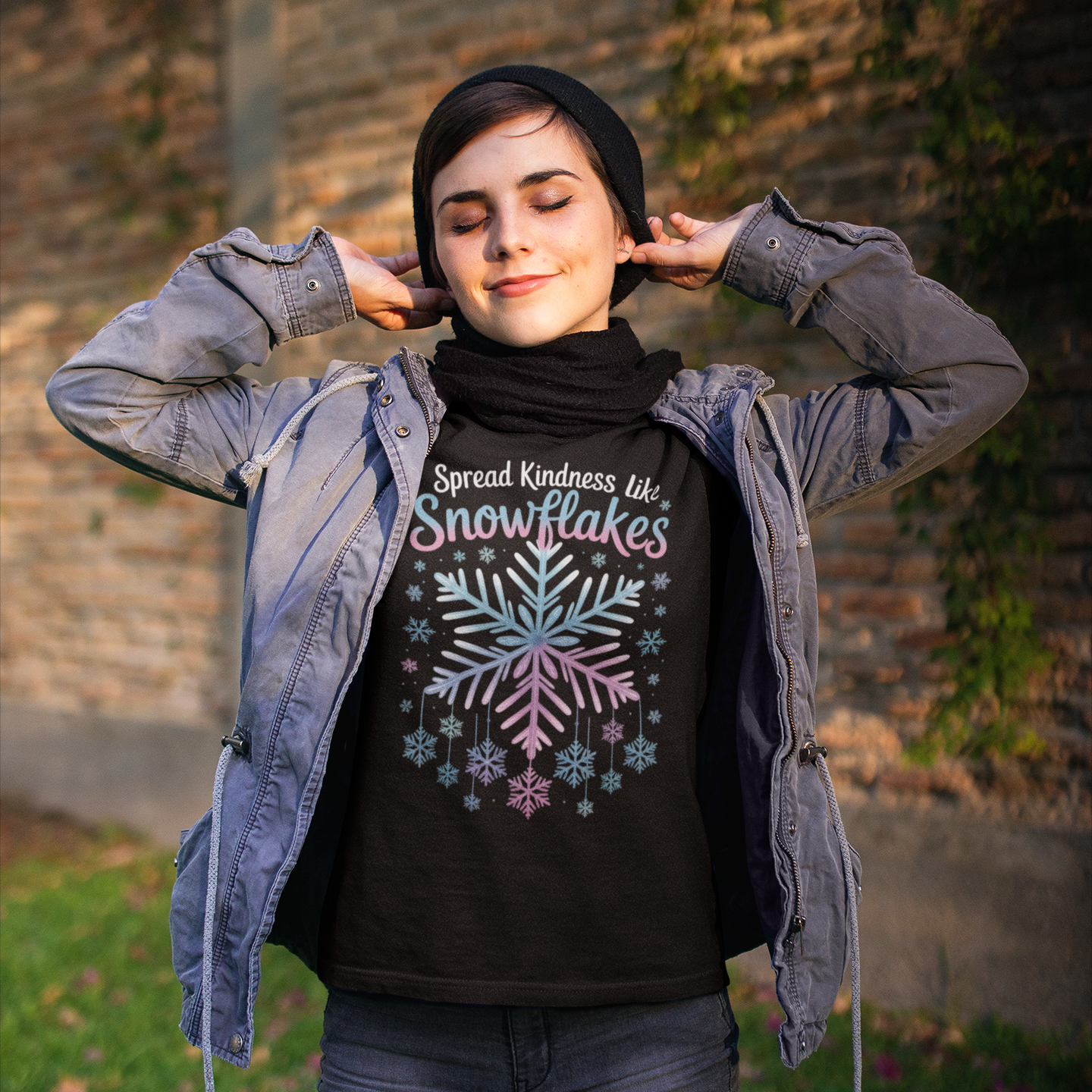 Person wearing a black t-shirt with a colorful snowflake design and text, standing outdoors.