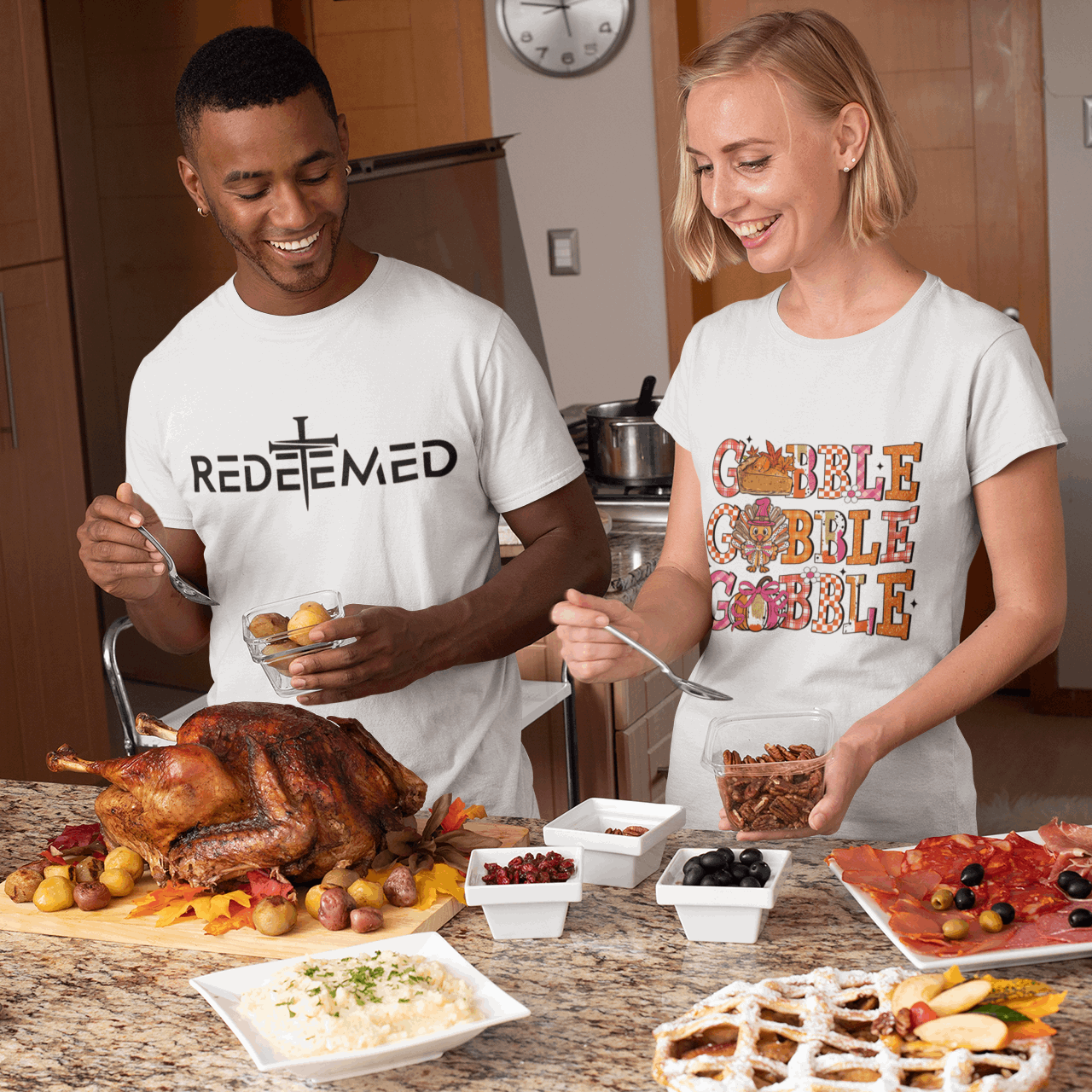 Two people in a kitchen preparing a meal with a large roasted turkey on a table.