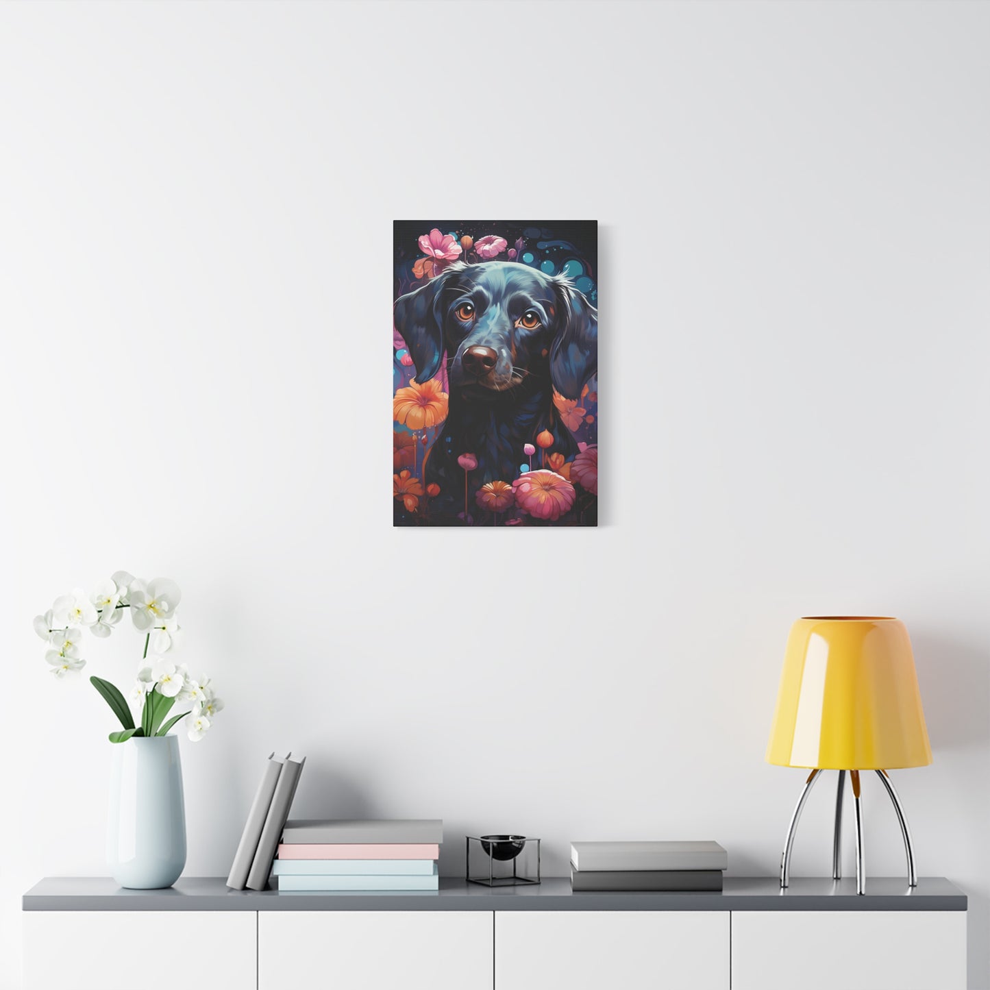 Beautiful Black Dog Canvas Print - Floral Dog Art Decor - VYBE Shop