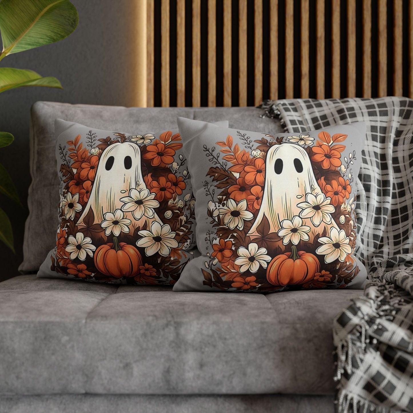 Fall Ghost Pillowcase for Halloween Home Decor, Cozy Pumpkin Floral Accent, Spooky Autumn Vibes - VYBE Shop