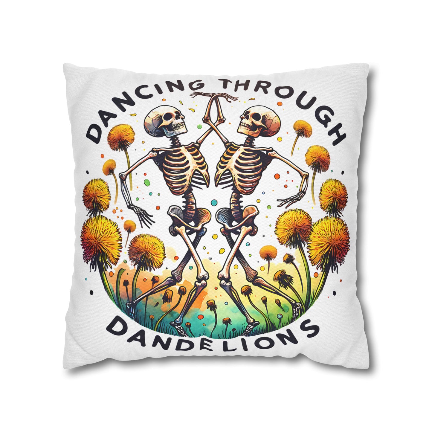 Dancing Through Dandelions Pillowcase - Decorative Accent for Cozy Home Decor, Perfect Gift for Halloween & Skeleton Lovers - VYBE Shop