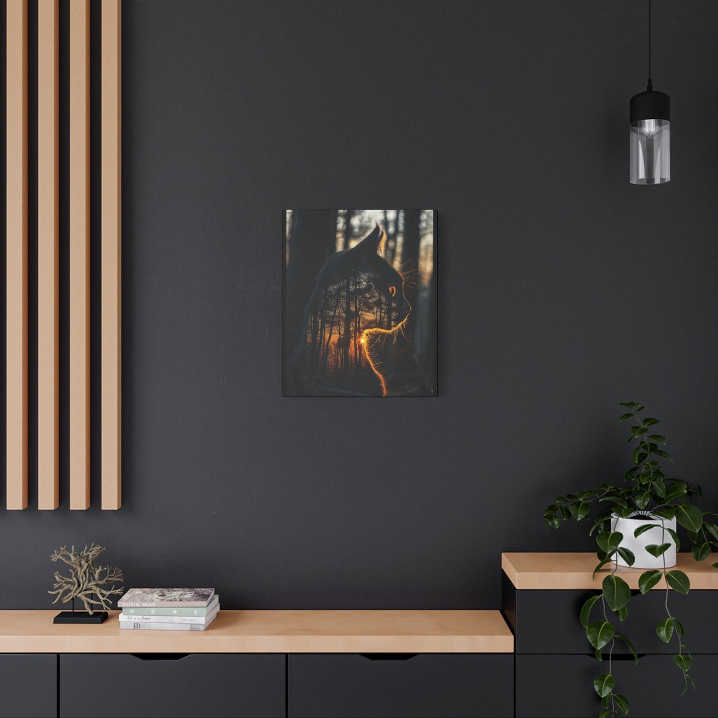 Cat Silhouette Wall Art - Forest Sunset Canvas Decor, Animal Lover Gift, Home Decoration, Nature Inspired Art, Cat Aesthetic - VYBE Shop