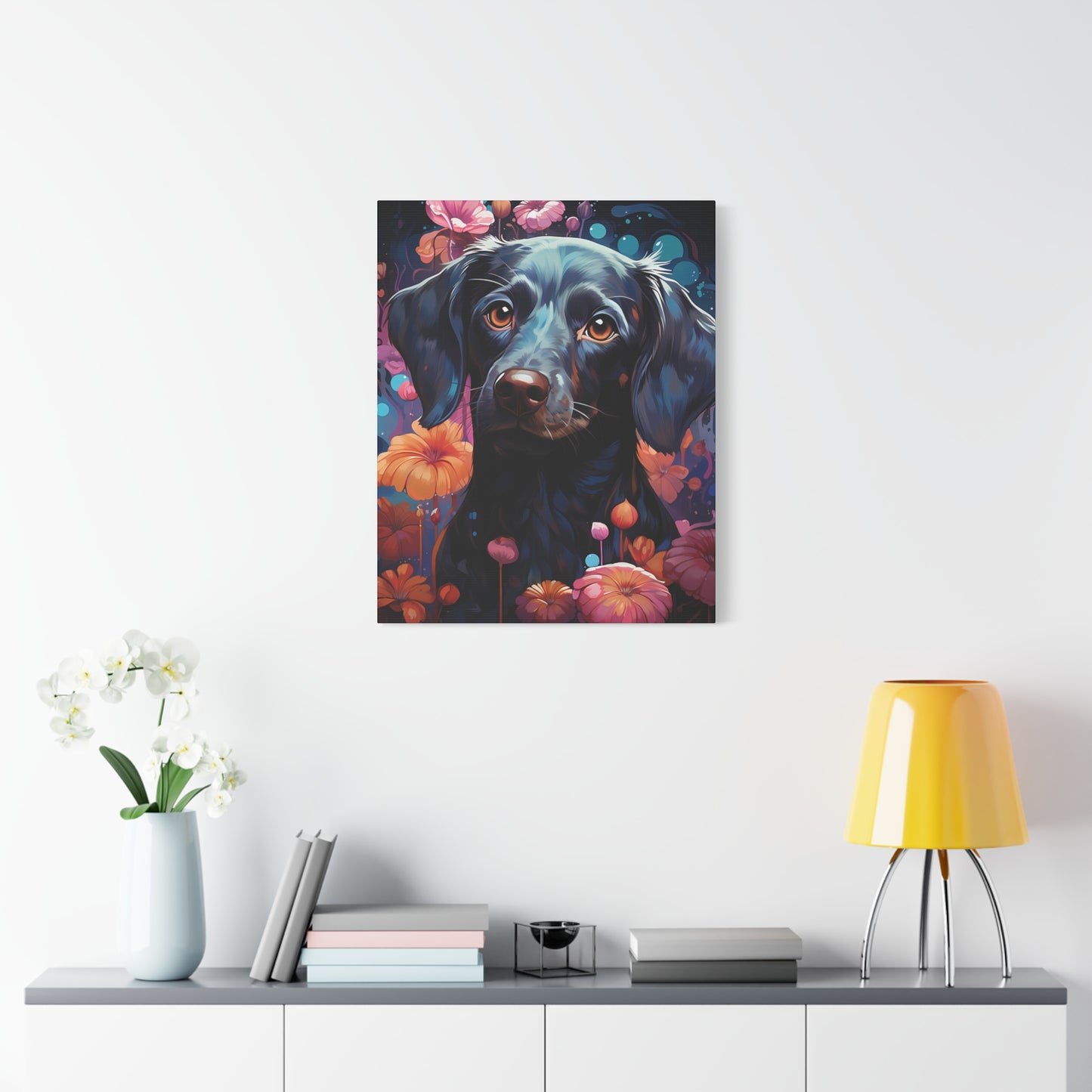 Beautiful Black Dog Canvas Print - Floral Dog Art Decor - VYBE Shop