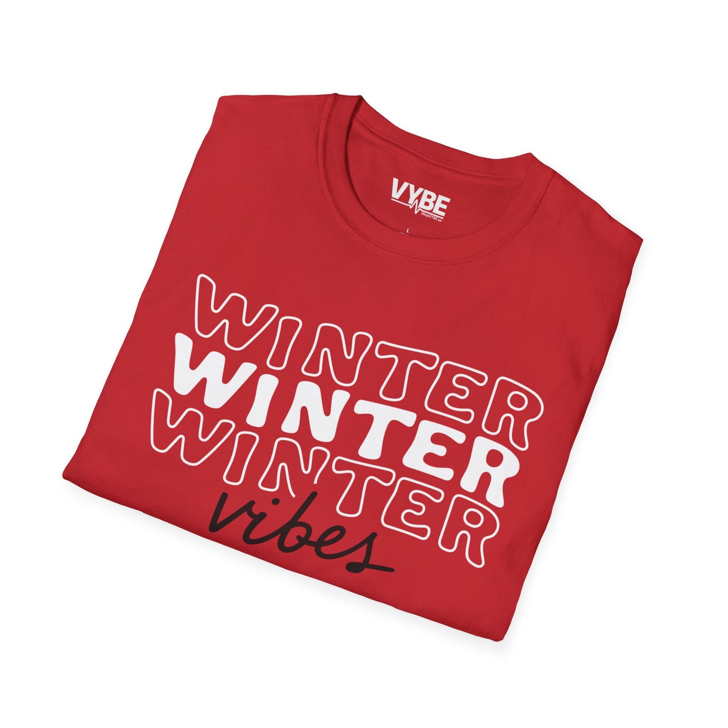 Folded red t-shirt with 'Winter Vibes' text on a white background
