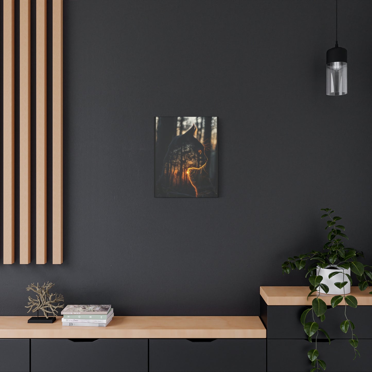 Cat Silhouette Wall Art - Forest Sunset Canvas Decor, Animal Lover Gift, Home Decoration, Nature Inspired Art, Cat Aesthetic - VYBE Shop