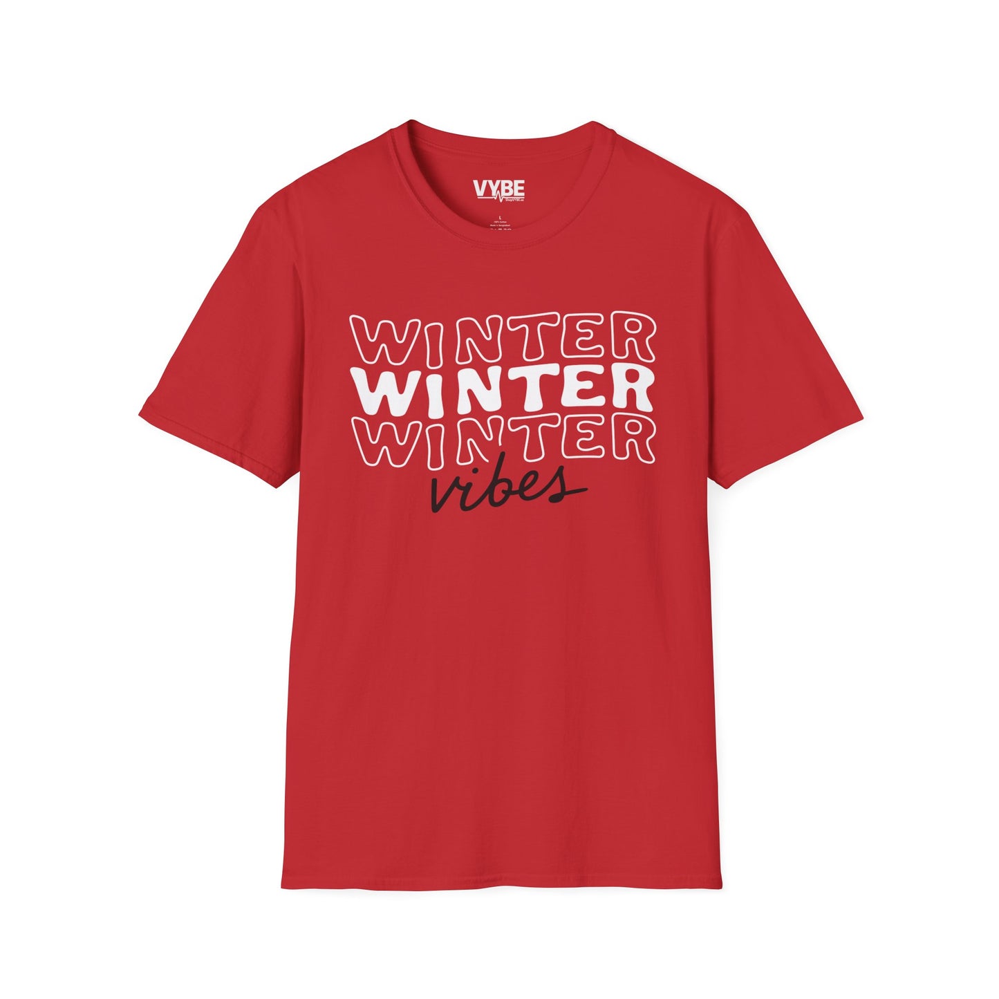 Red t-shirt with 'Winter Vibes' text on a white background