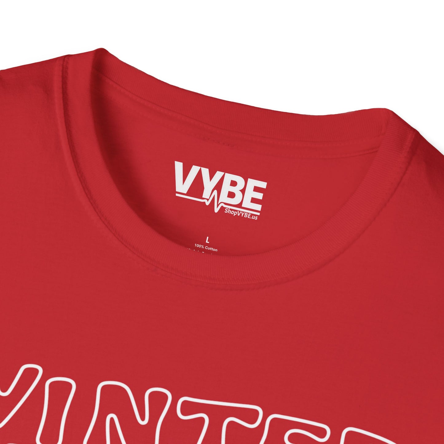 Red t-shirt with 'VYBE' logo on a white background