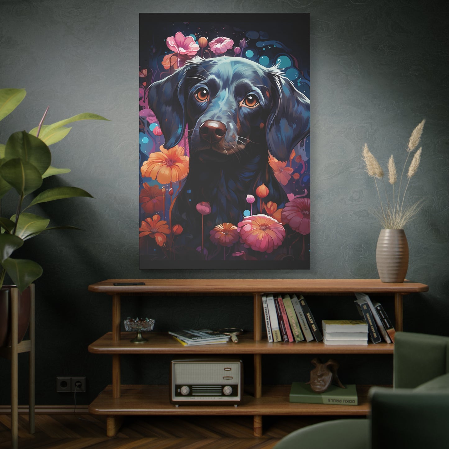 Beautiful Black Dog Canvas Print - Floral Dog Art Decor - VYBE Shop