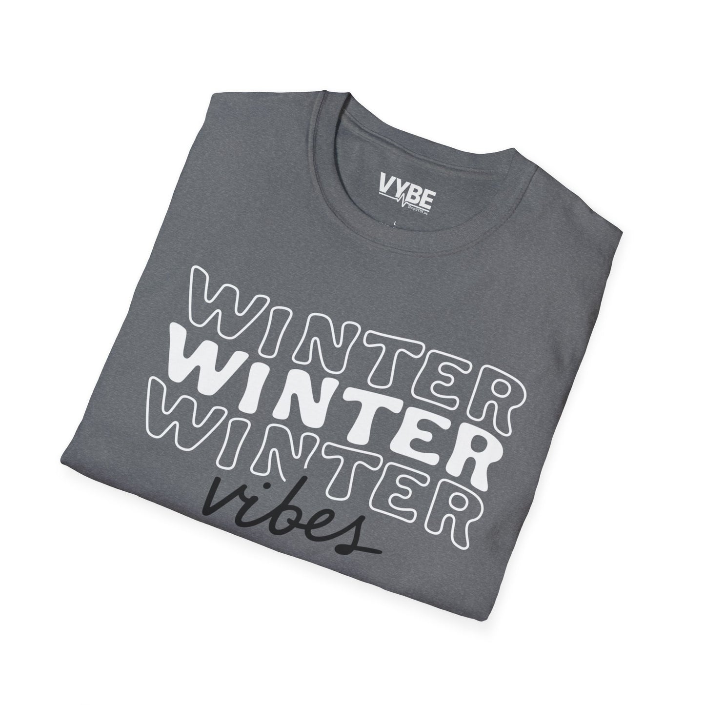 Folded gray t-shirt with 'Winter Vibes' text on a white background