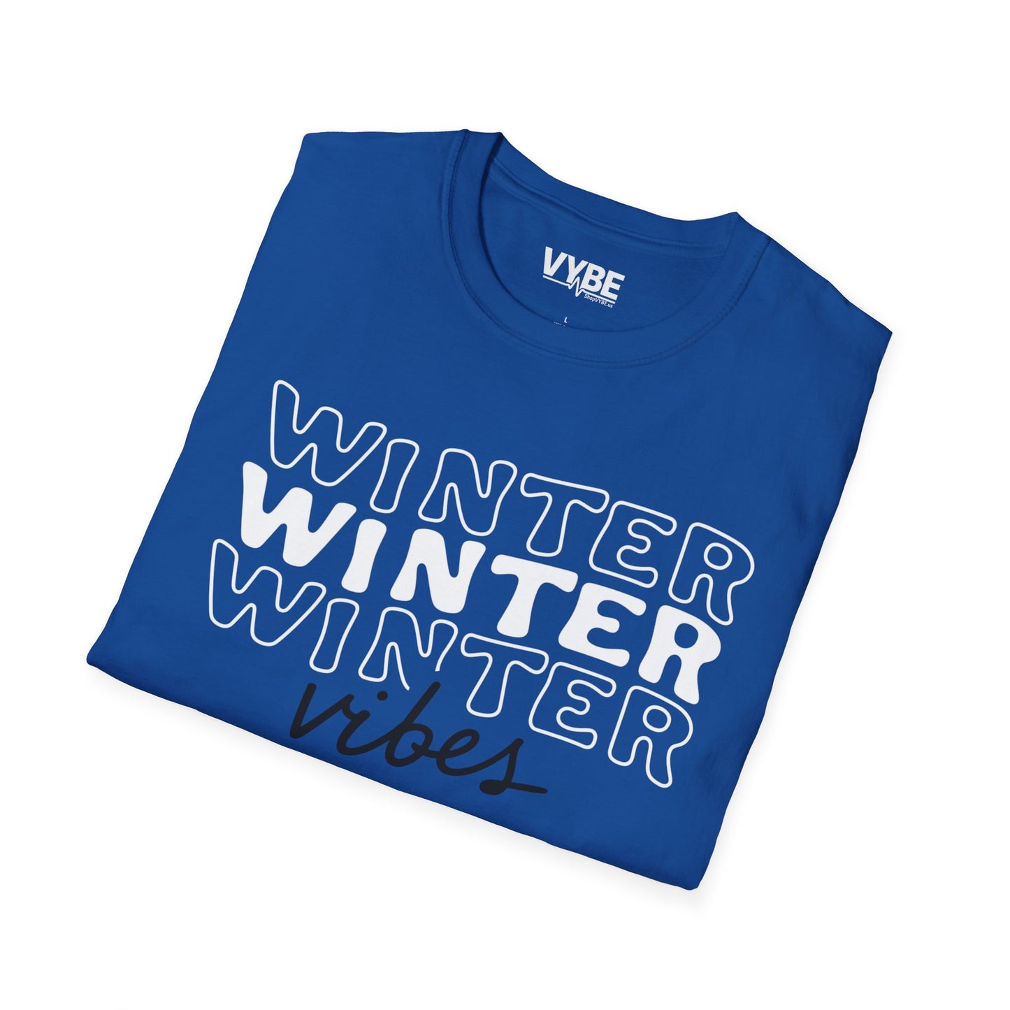 Folded blue t-shirt with 'Winter Vibes' text on a white background