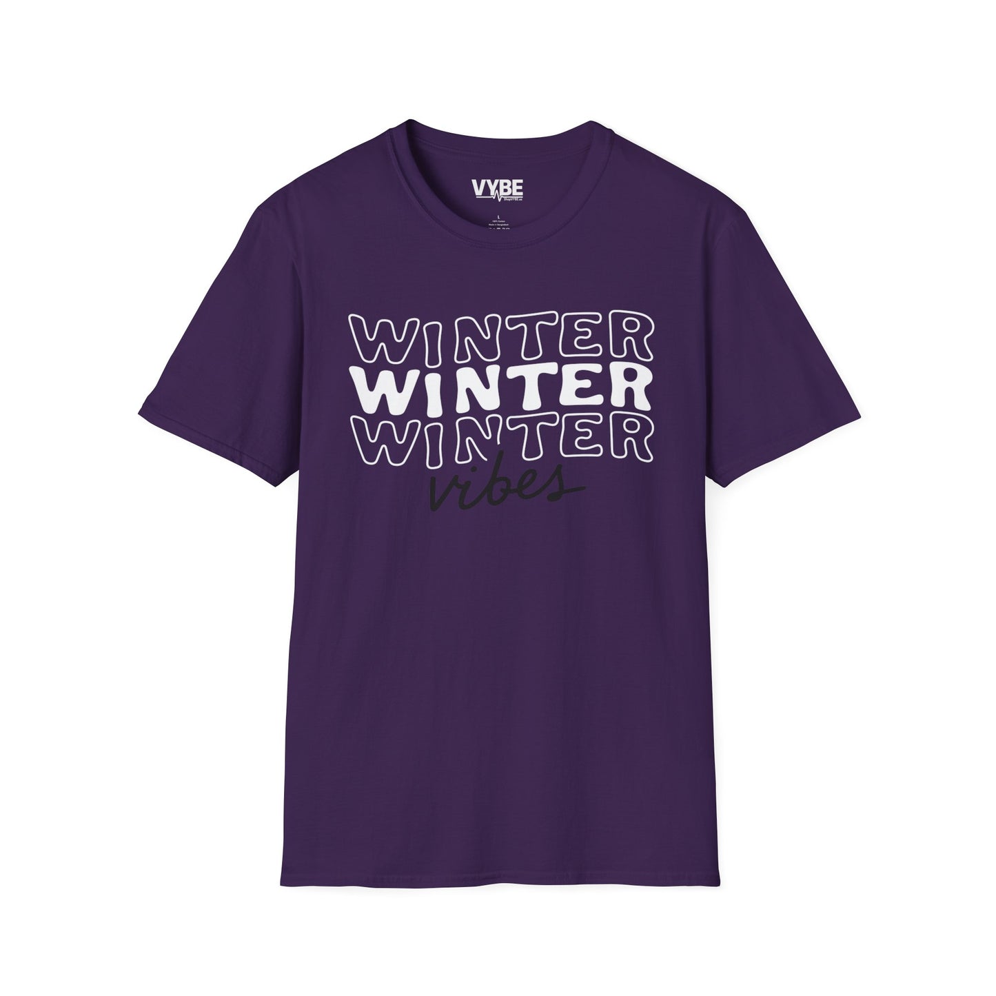 Purple t-shirt with 'Winter Vibes' text on a white background