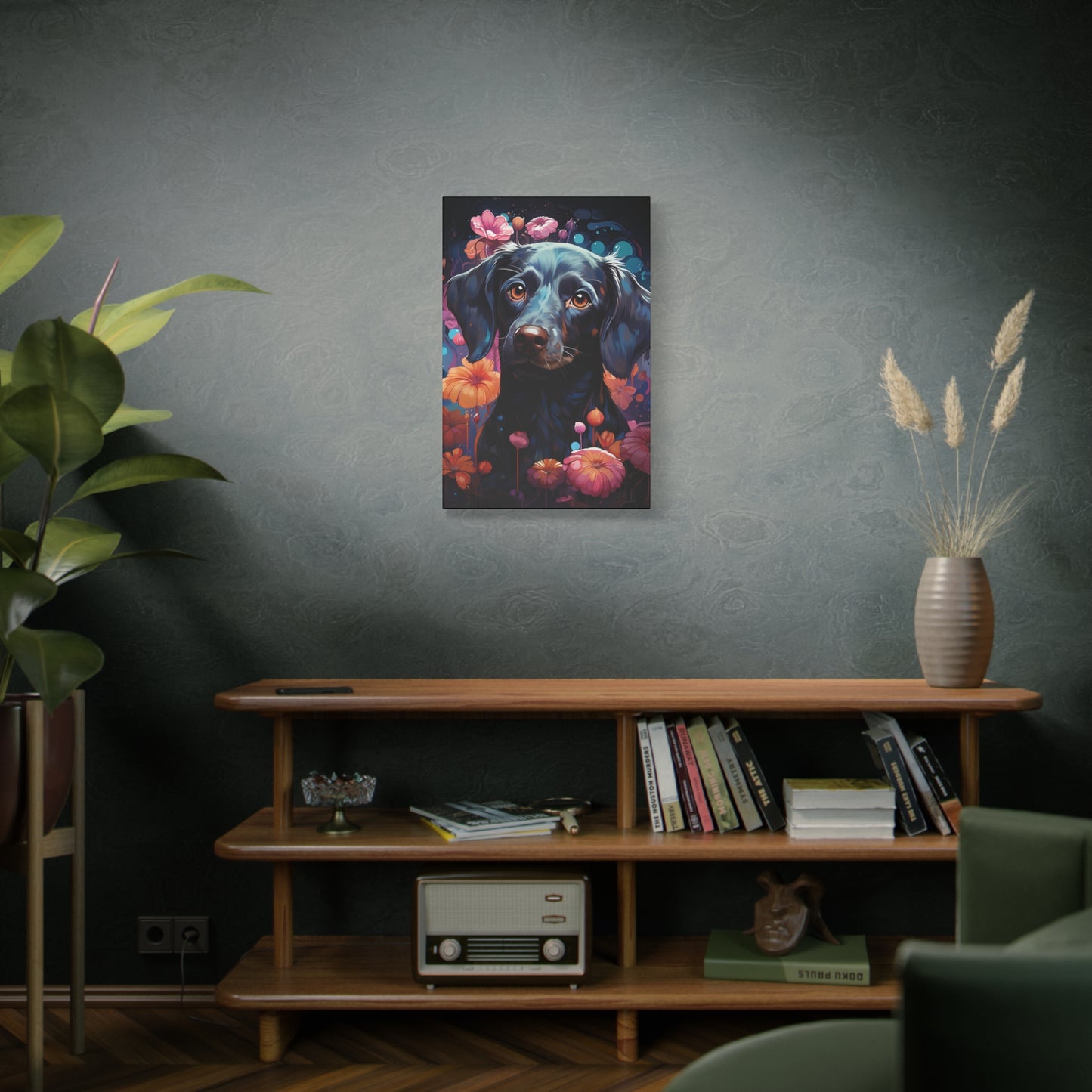 Beautiful Black Dog Canvas Print - Floral Dog Art Decor - VYBE Shop