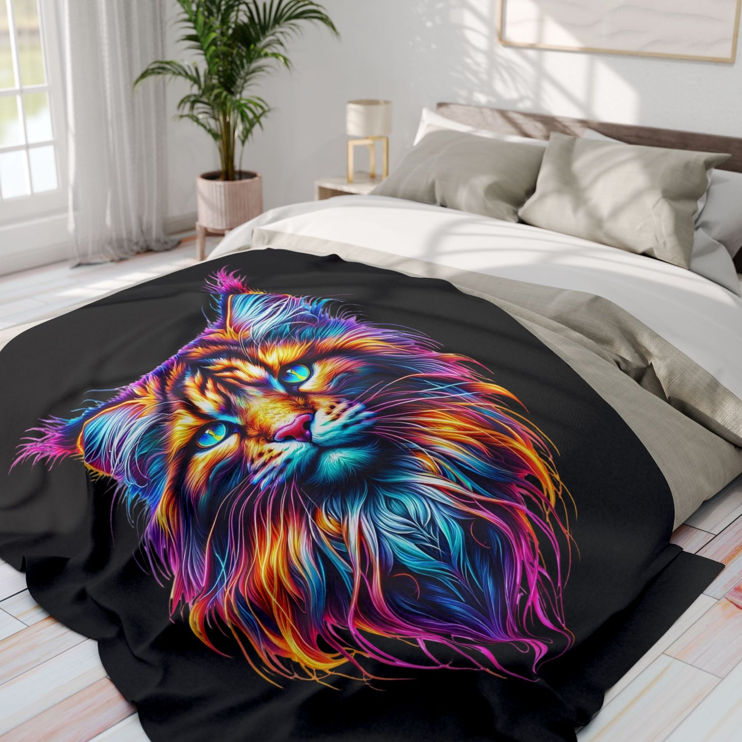 Colorful lion design on a black blanket over a bed in a bright bedroom.