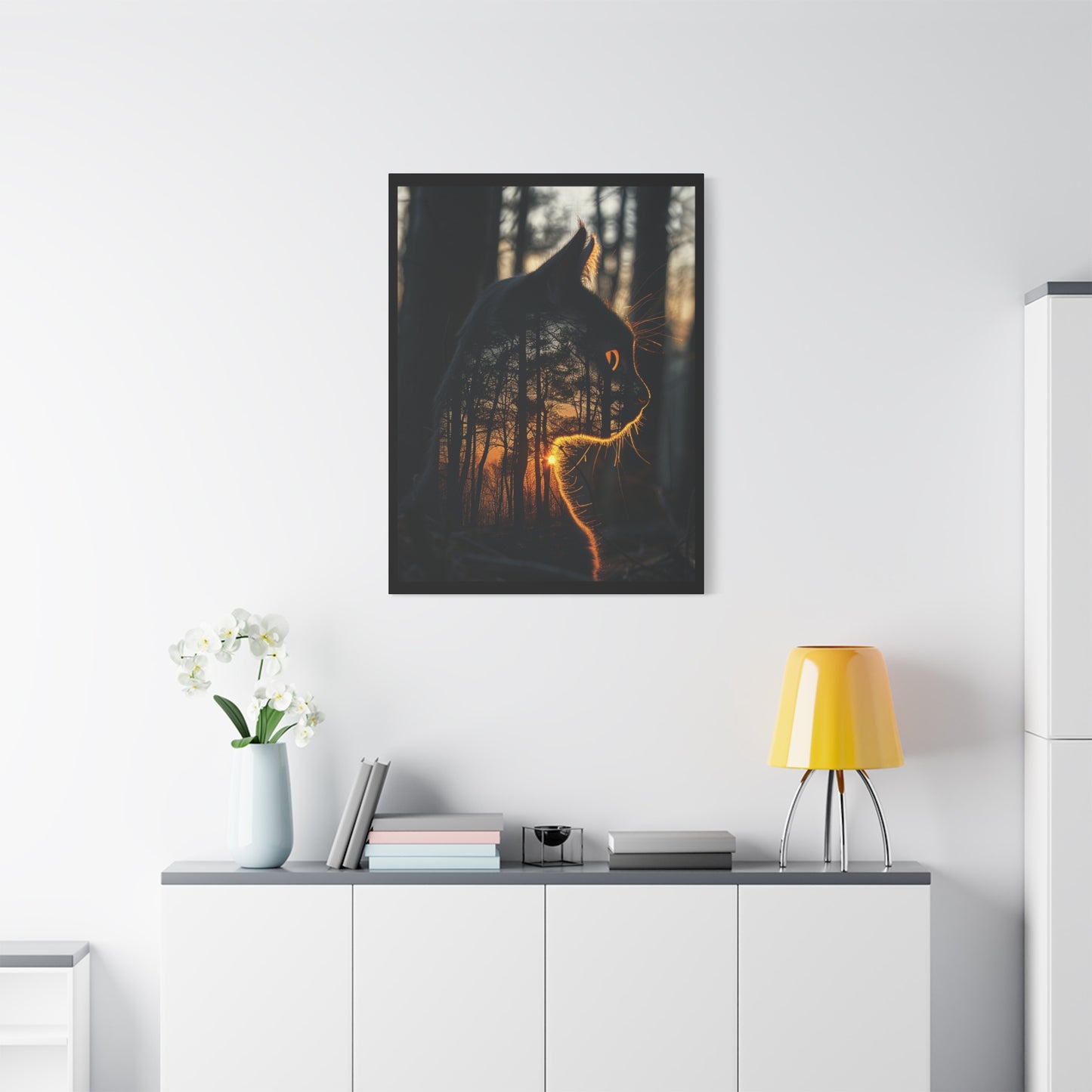Cat Silhouette Wall Art - Forest Sunset Canvas Decor, Animal Lover Gift, Home Decoration, Nature Inspired Art, Cat Aesthetic - VYBE Shop