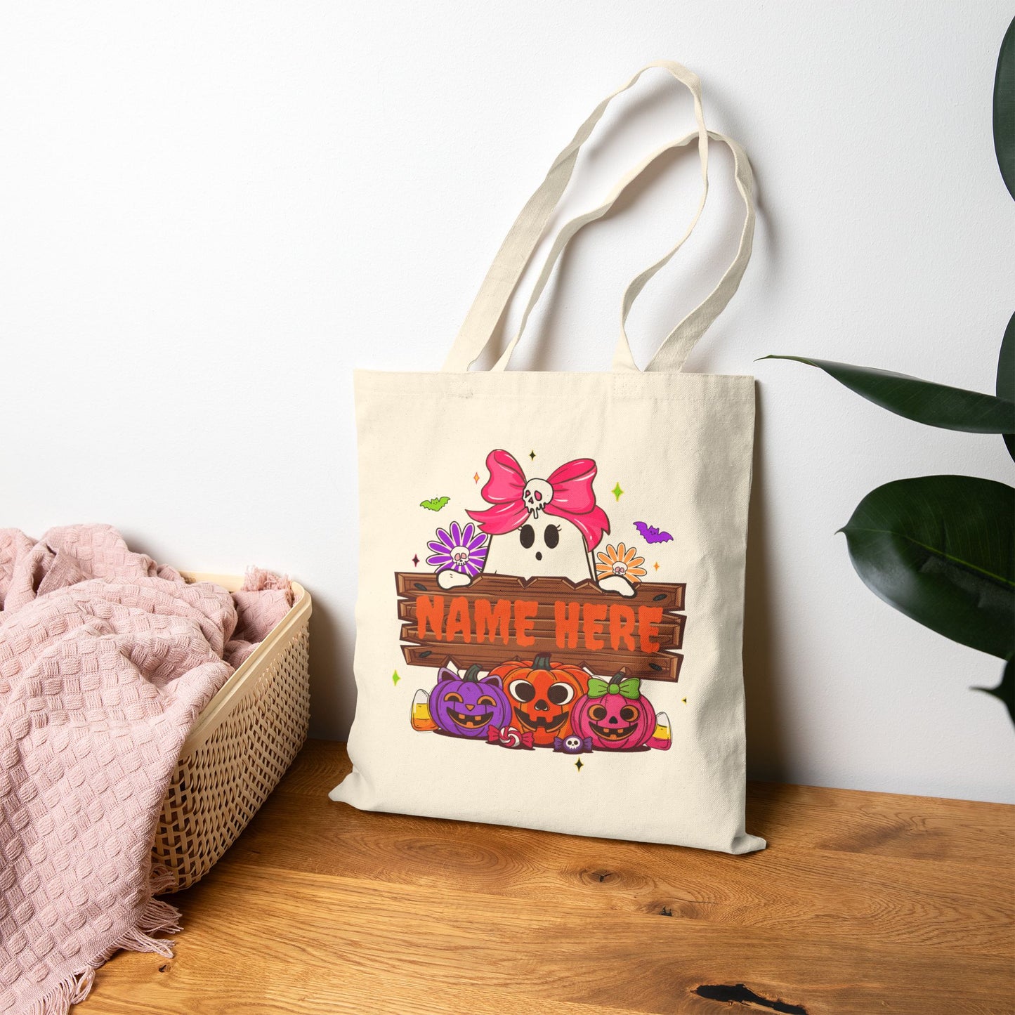 Cute Customizable Halloween Tote Bag, Spooky Canvas Bag, Personalized Trick or Treat Bag, Eco-Friendly - VYBE Shop