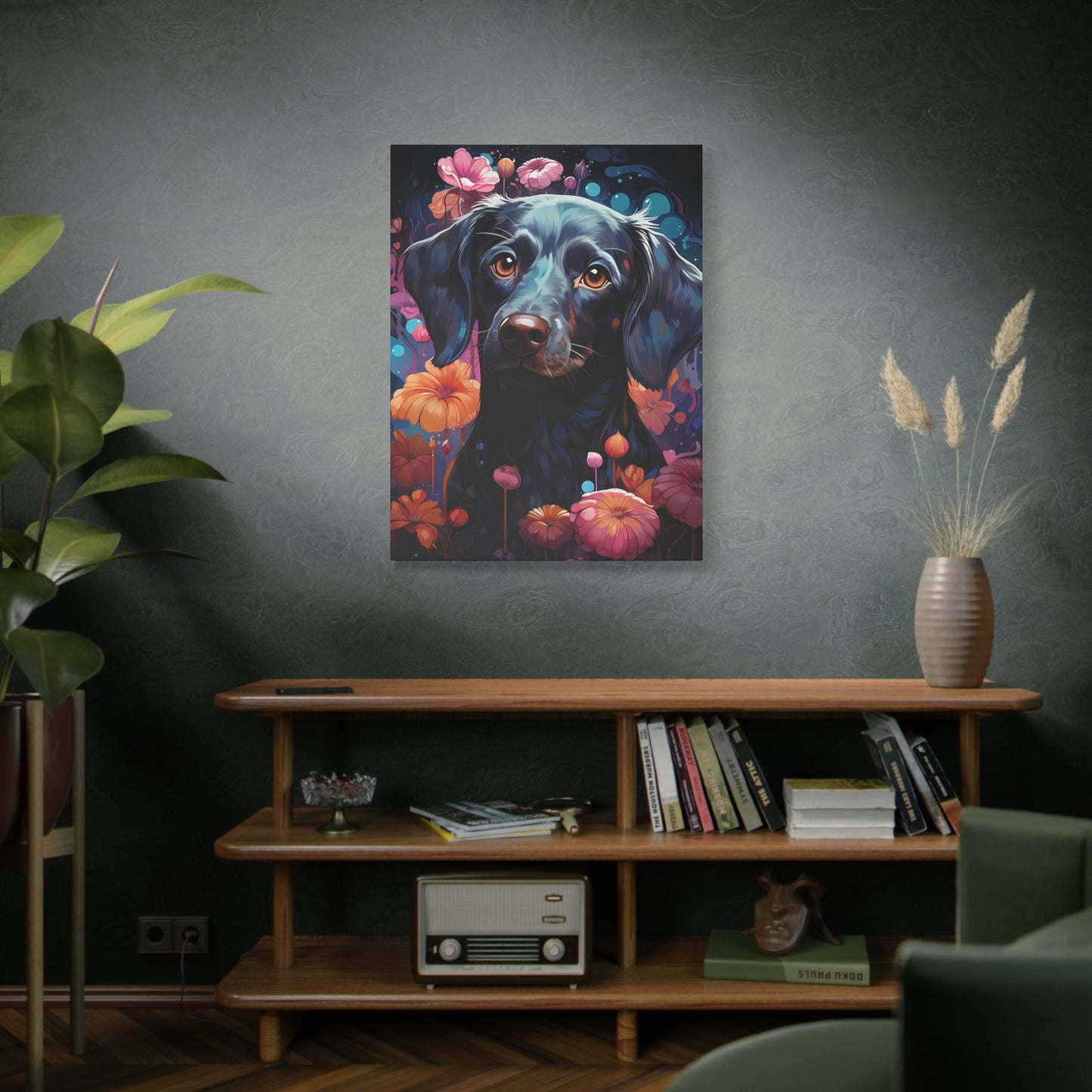 Beautiful Black Dog Canvas Print - Floral Dog Art Decor - VYBE Shop