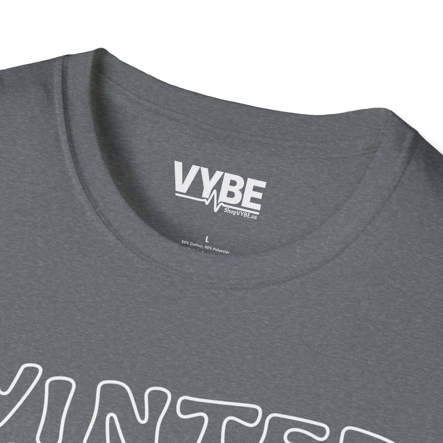 Gray t-shirt with 'VYBE' logo on a white background