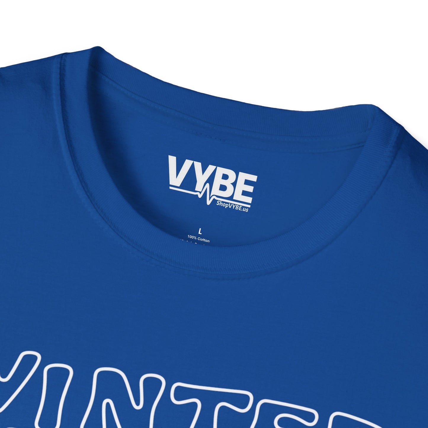 Close-up of a blue t-shirt with 'VYBE' logo and partially visible text.