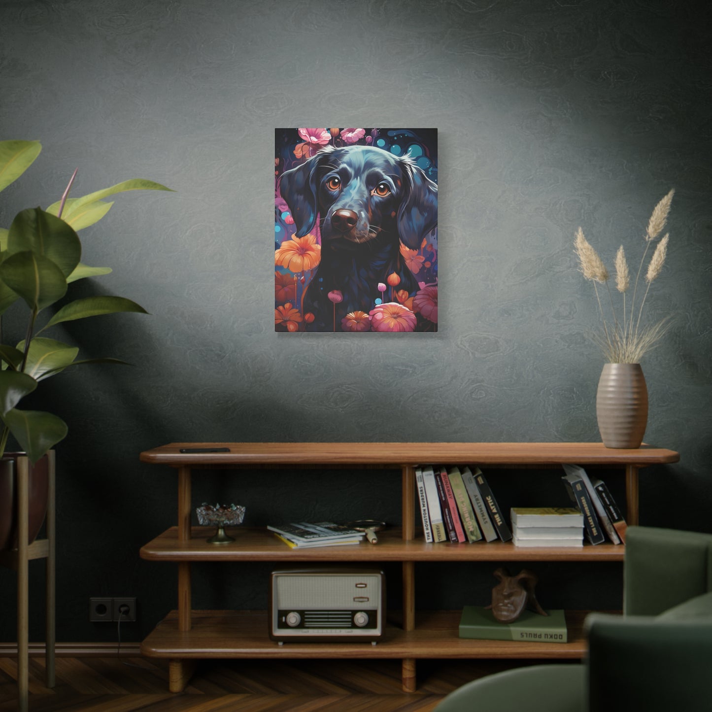 Beautiful Black Dog Canvas Print - Floral Dog Art Decor - VYBE Shop
