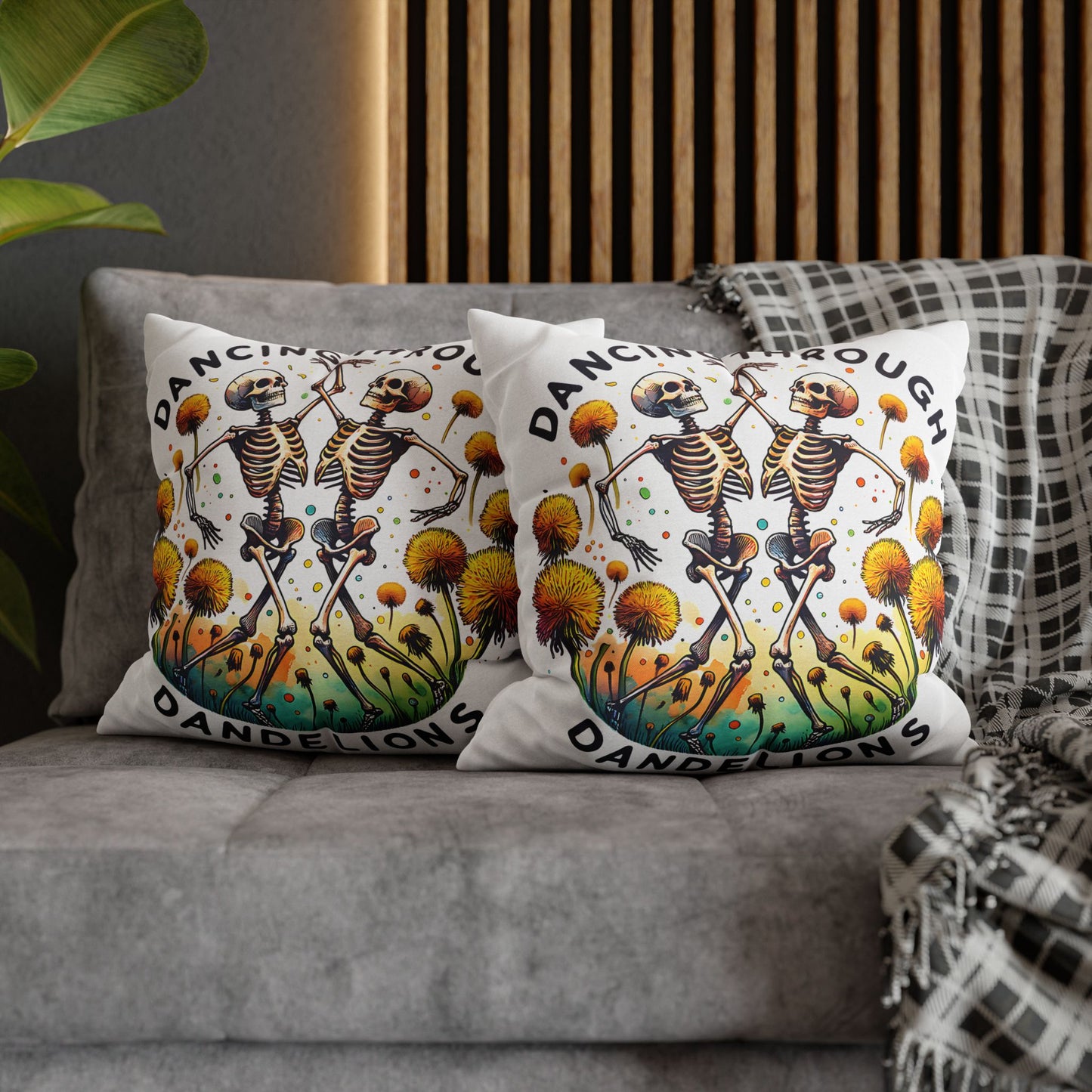 Dancing Through Dandelions Pillowcase - Decorative Accent for Cozy Home Decor, Perfect Gift for Halloween & Skeleton Lovers - VYBE Shop