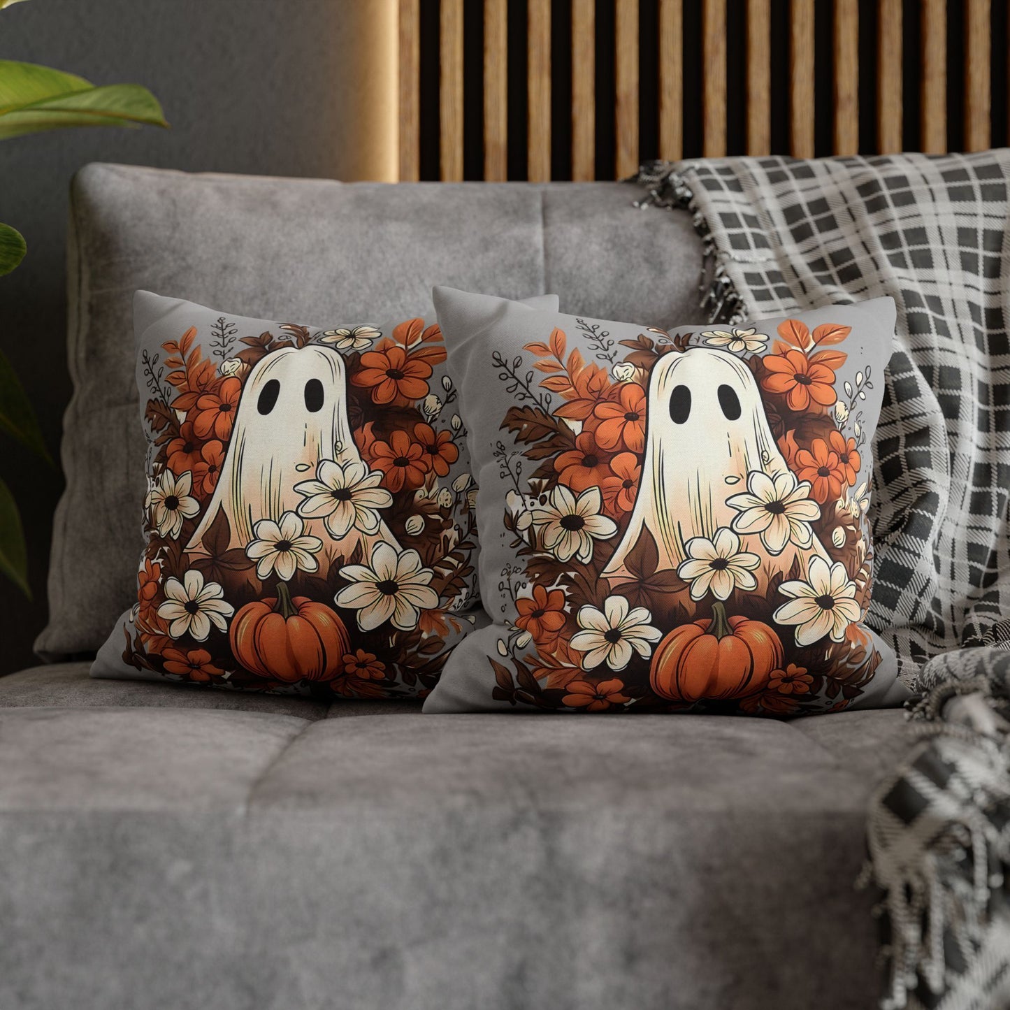 Fall Ghost Pillowcase for Halloween Home Decor, Cozy Pumpkin Floral Accent, Spooky Autumn Vibes - VYBE Shop
