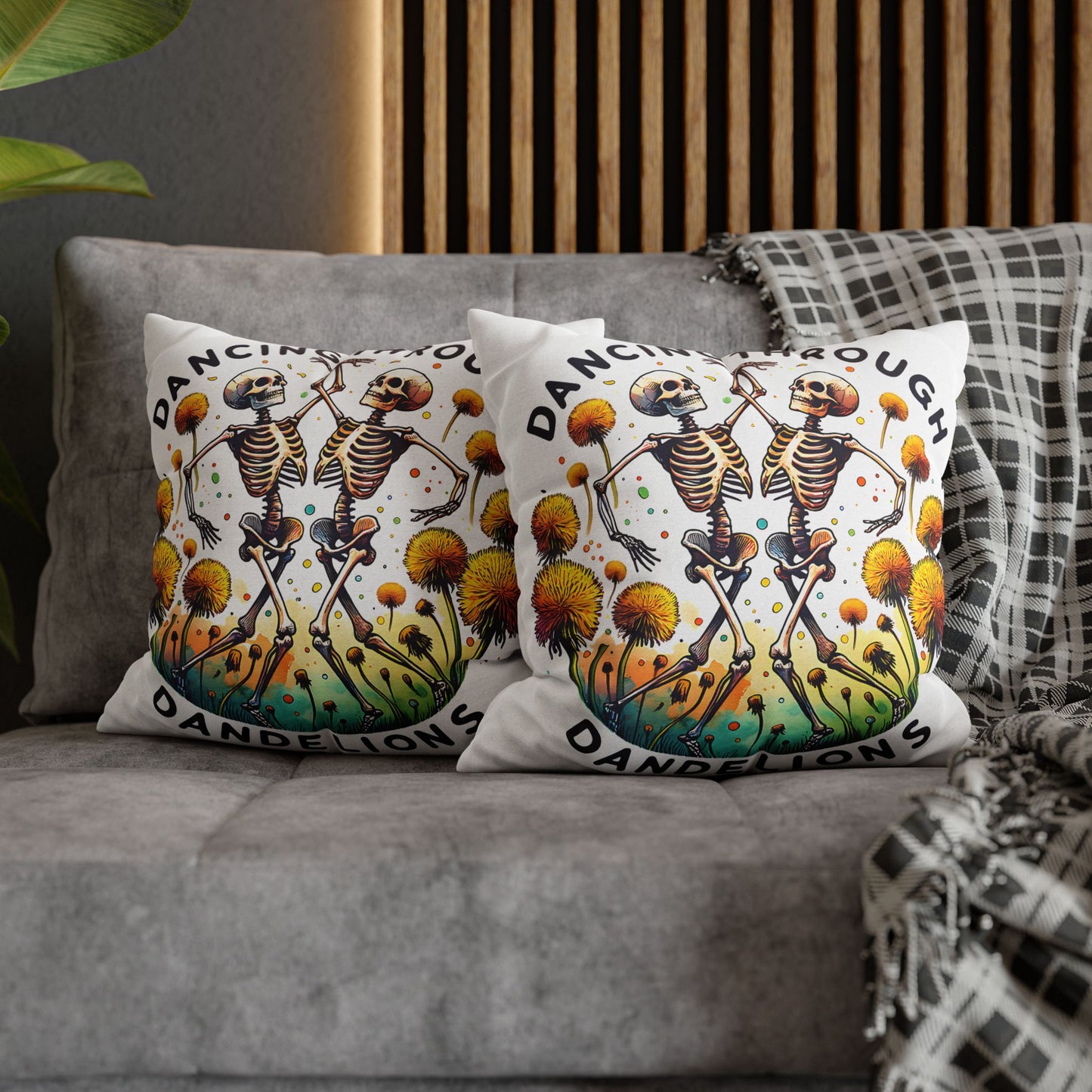 Dancing Through Dandelions Pillowcase - Decorative Accent for Cozy Home Decor, Perfect Gift for Halloween & Skeleton Lovers - VYBE Shop