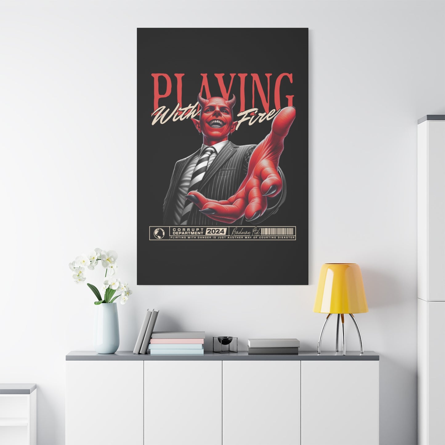 Devil Themed Canvas Wall Art, Playing With Fire Decor, Unique Home Decoration, Halloween Gift, Quirky Art for Office - VYBE Shop